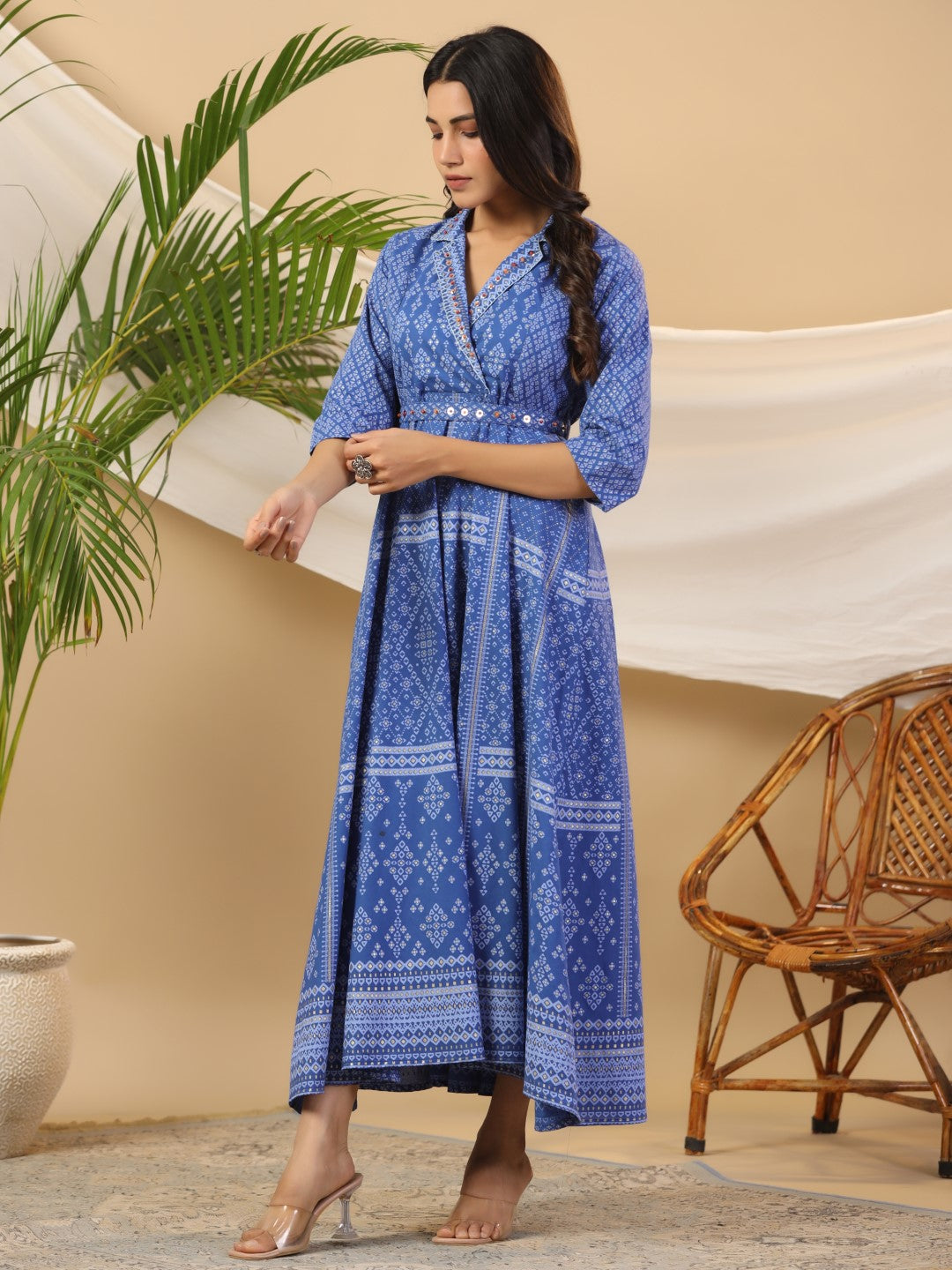 Juniper Women Blue Cotton Cambric Printed Maxi Dress