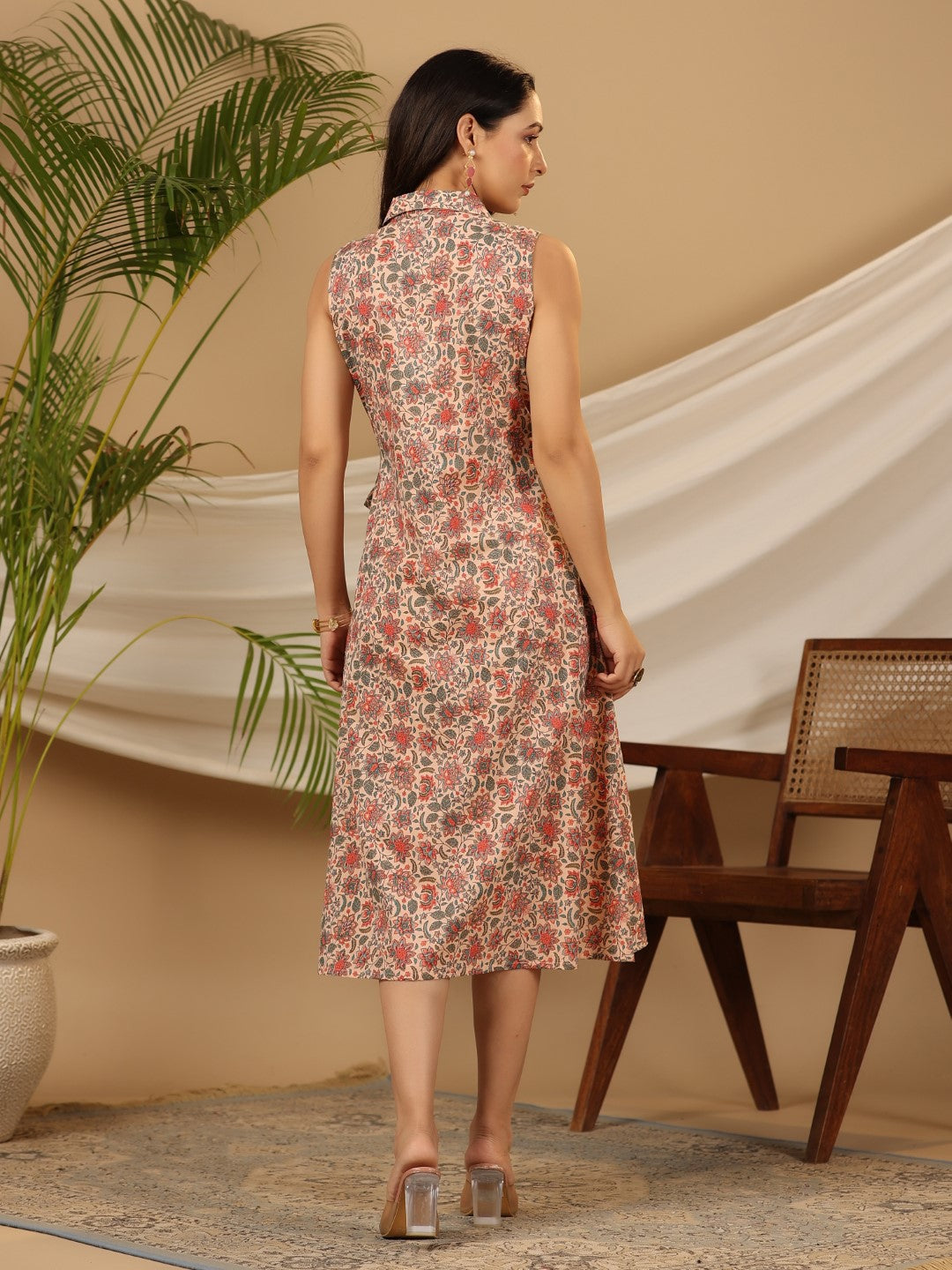 Peach Cotton Cambric Printed A-line Dress