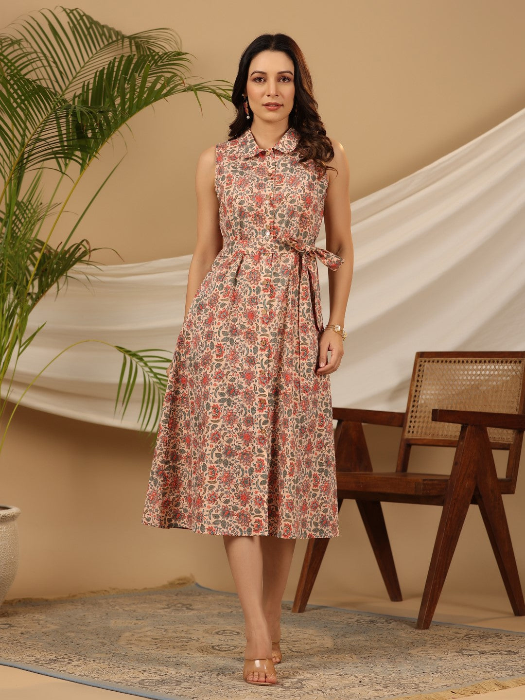 Juniper Women Peach Cotton Cambric Printed A-line Dress