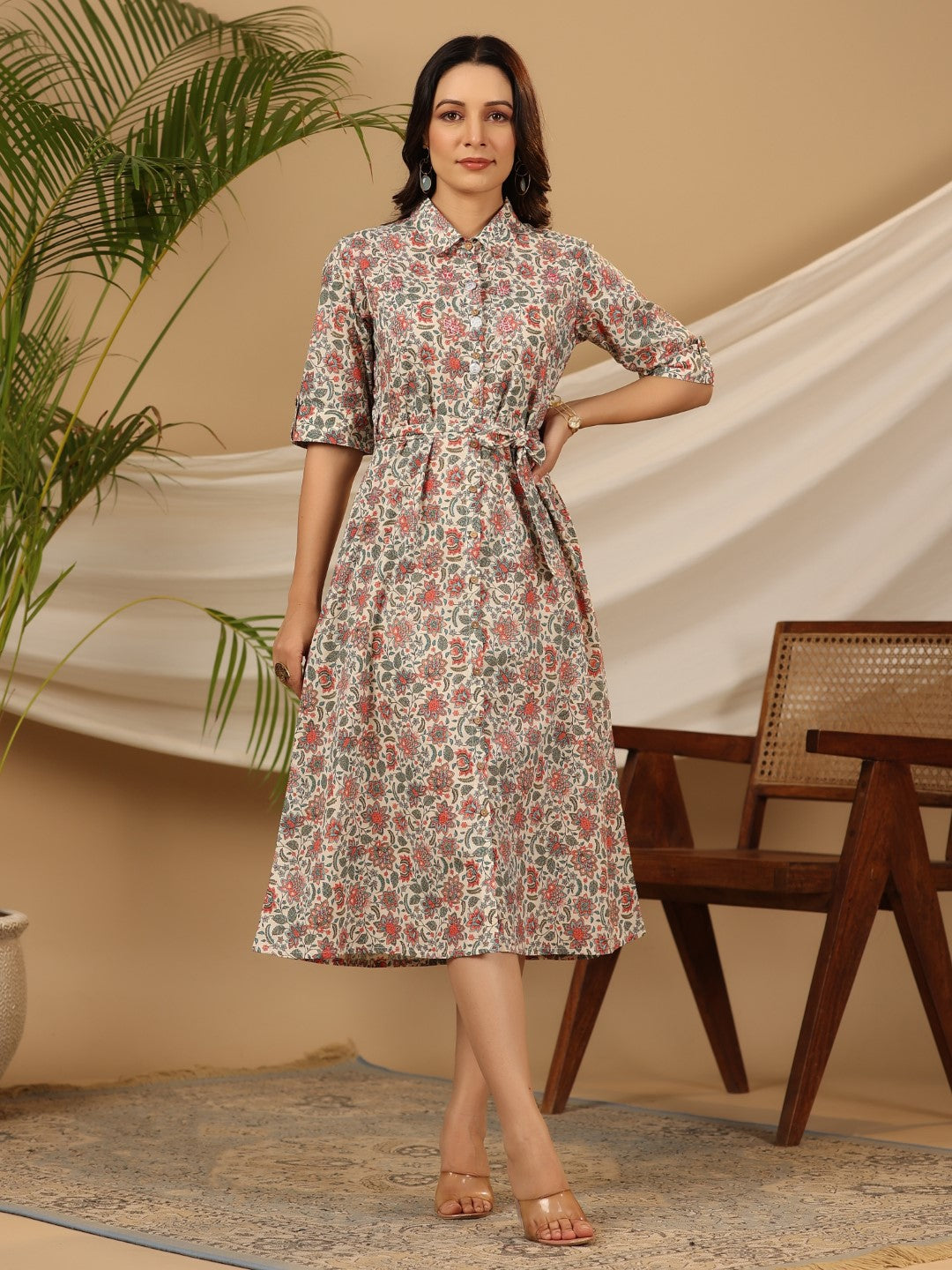 Juniper Ivory Floral Printed Pure Cotton A-line Dress & Belt With Beads & Sequins Work