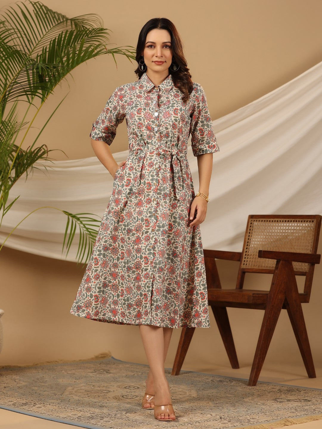 Ivory Cotton Cambric Printed A-line Dress