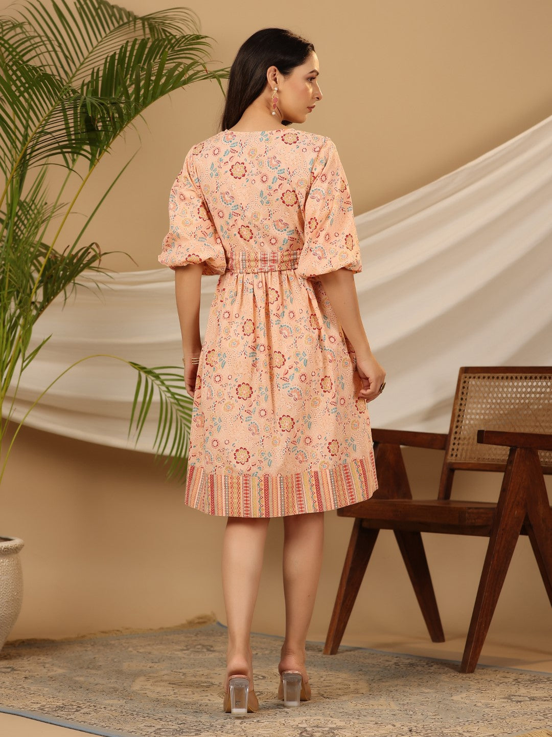 Juniper Peach Floral Printed Pure Cotton Short Dress With Belt & Beads Work