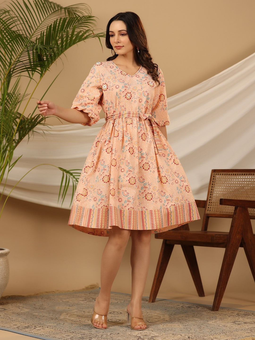 Peach Floral Cotton Short Dress with Belt & Beads Work