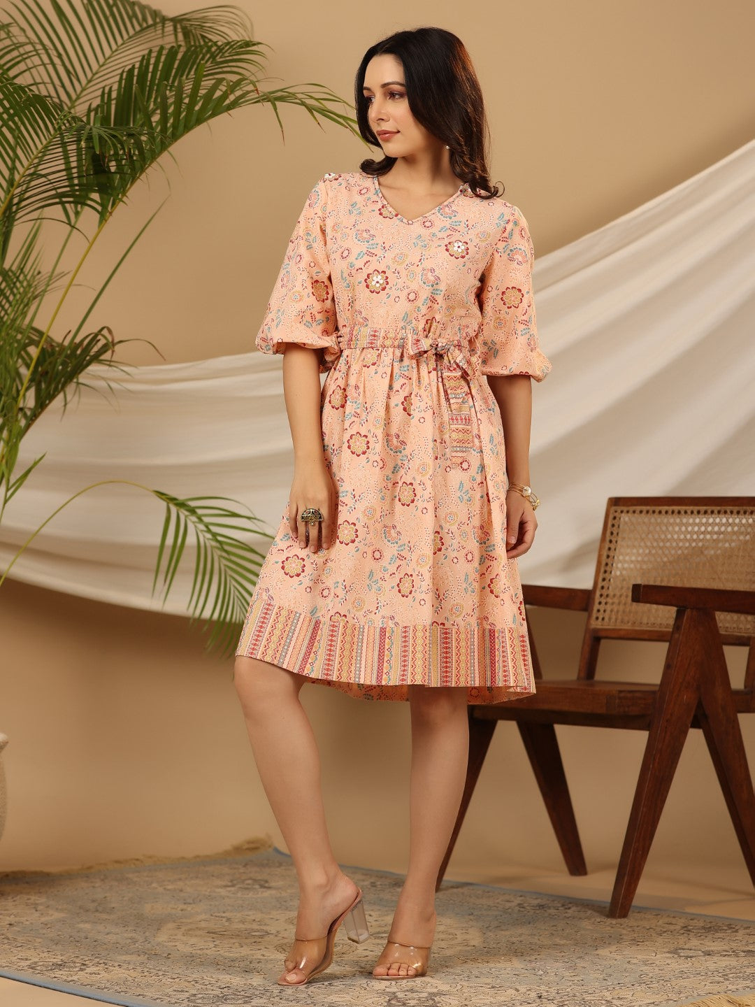 Juniper Women Peach Cotton Cambric Printed Short Dress
