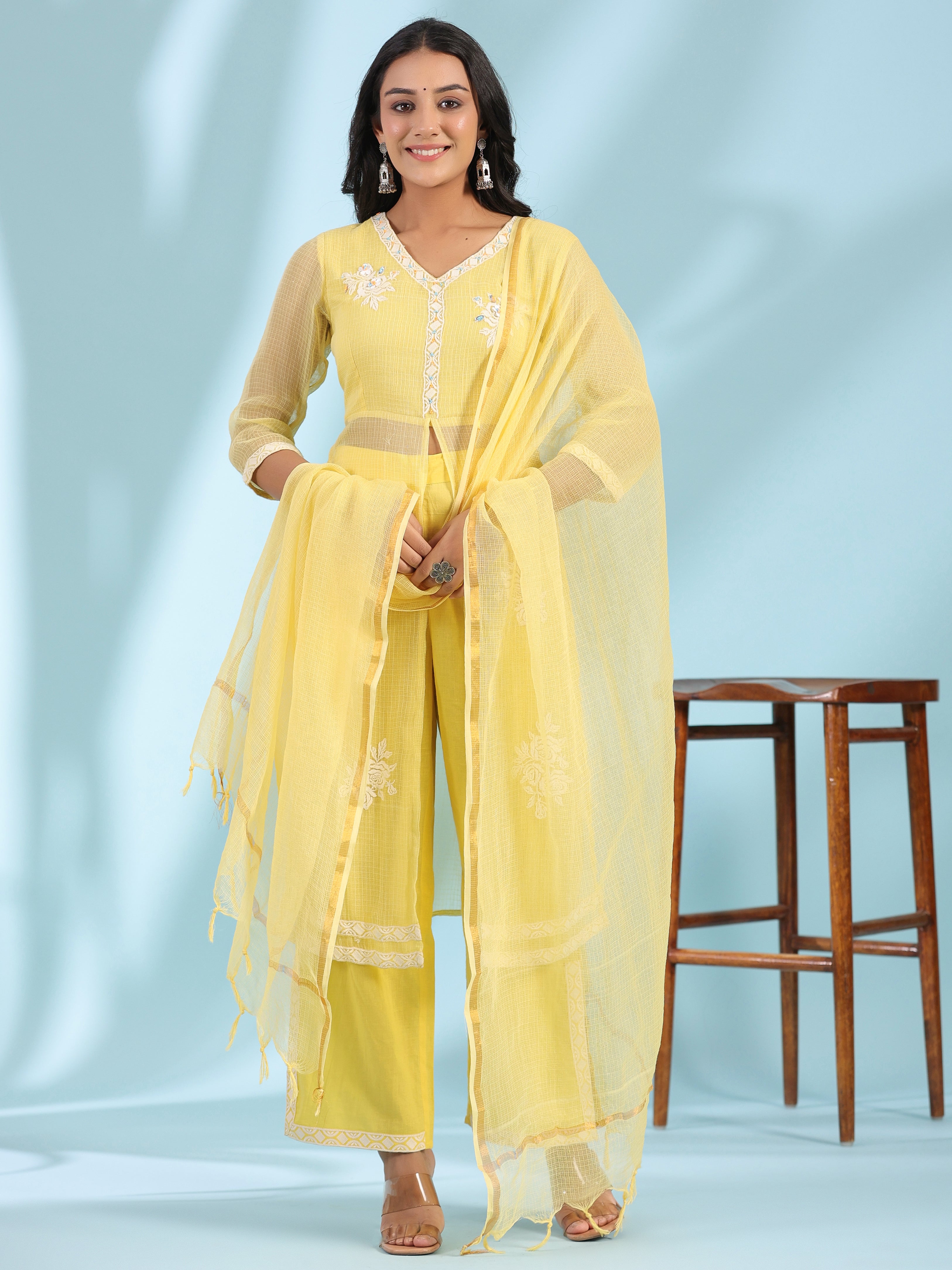 Juniper Yellow Floral Printed pure Cotton Kurta Palazzos & Kota Doria Dupatta With Beads Work
