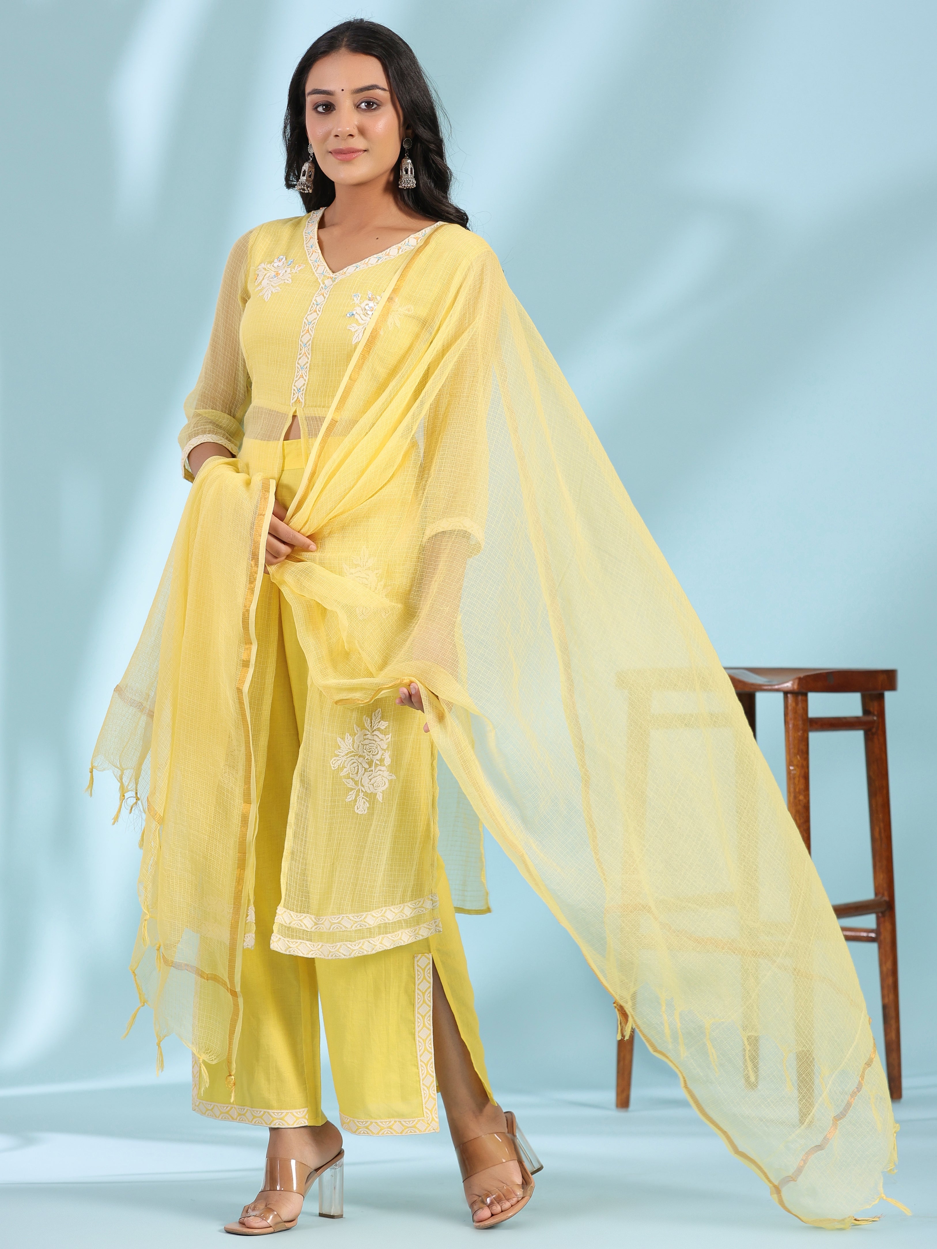Juniper Yellow Floral Printed pure Cotton Kurta Palazzos & Kota Doria Dupatta With Beads Work