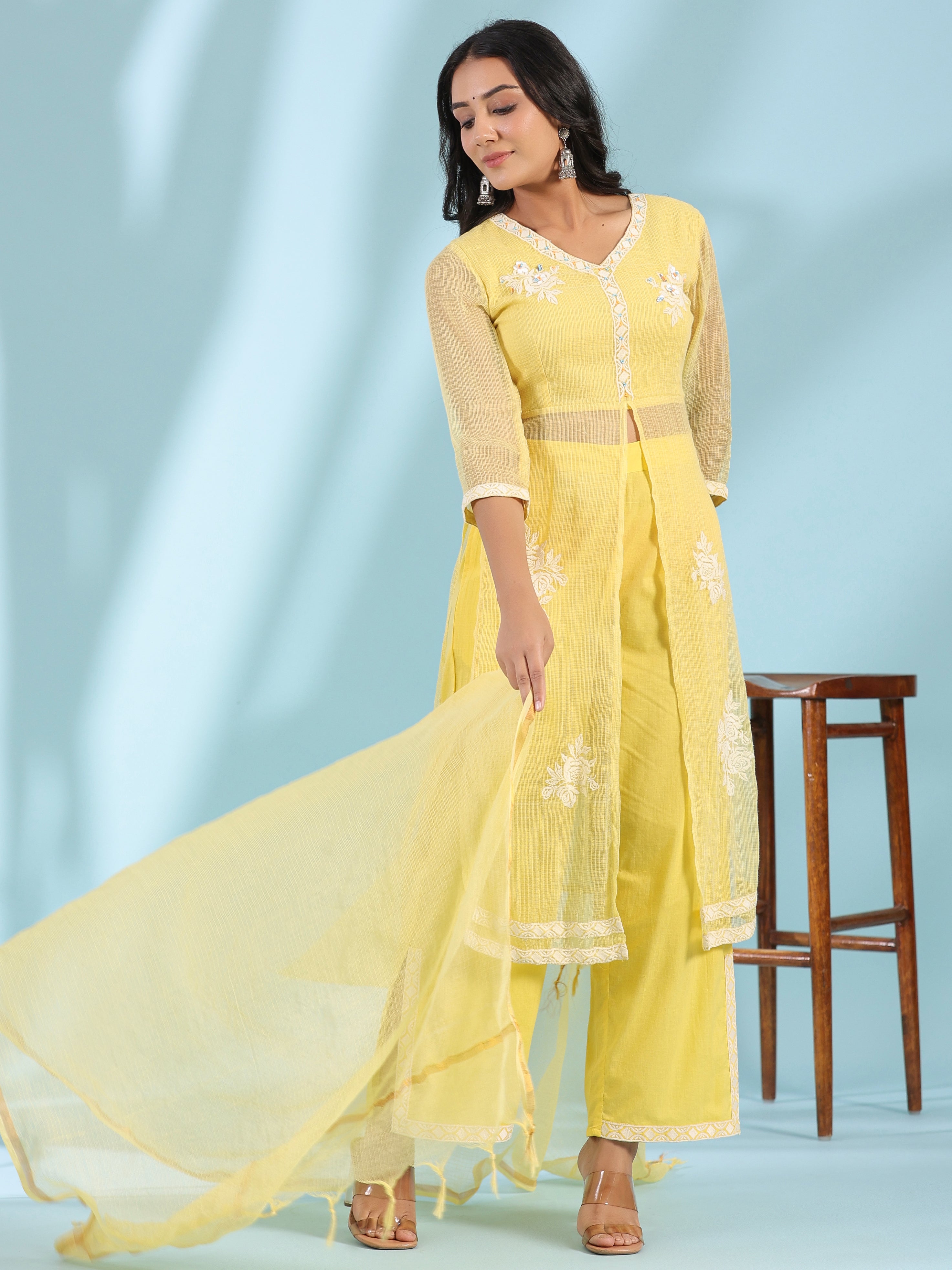 Juniper Yellow Floral Printed pure Cotton Kurta Palazzos & Kota Doria Dupatta With Beads Work