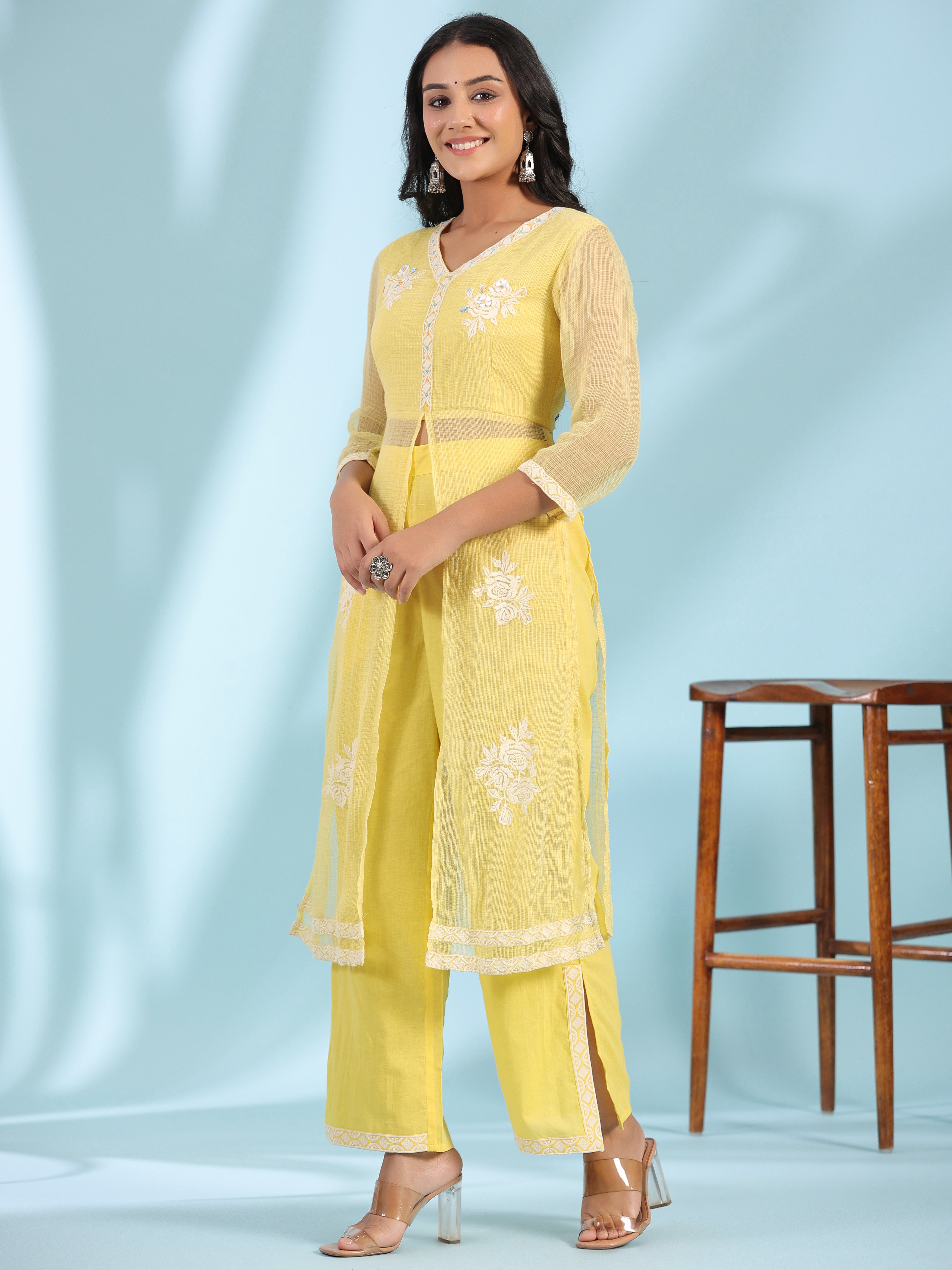 Juniper Yellow Floral Printed pure Cotton Kurta Palazzos & Kota Doria Dupatta With Beads Work