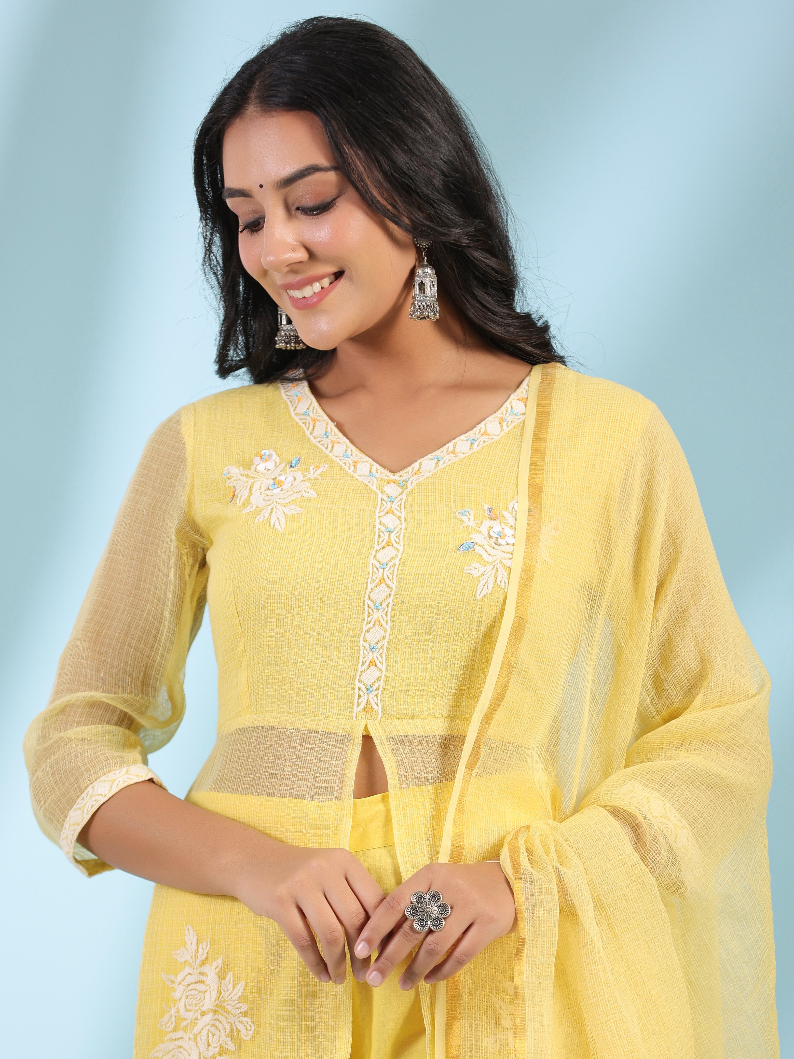 Juniper Yellow Floral Printed pure Cotton Kurta Palazzos & Kota Doria Dupatta With Beads Work