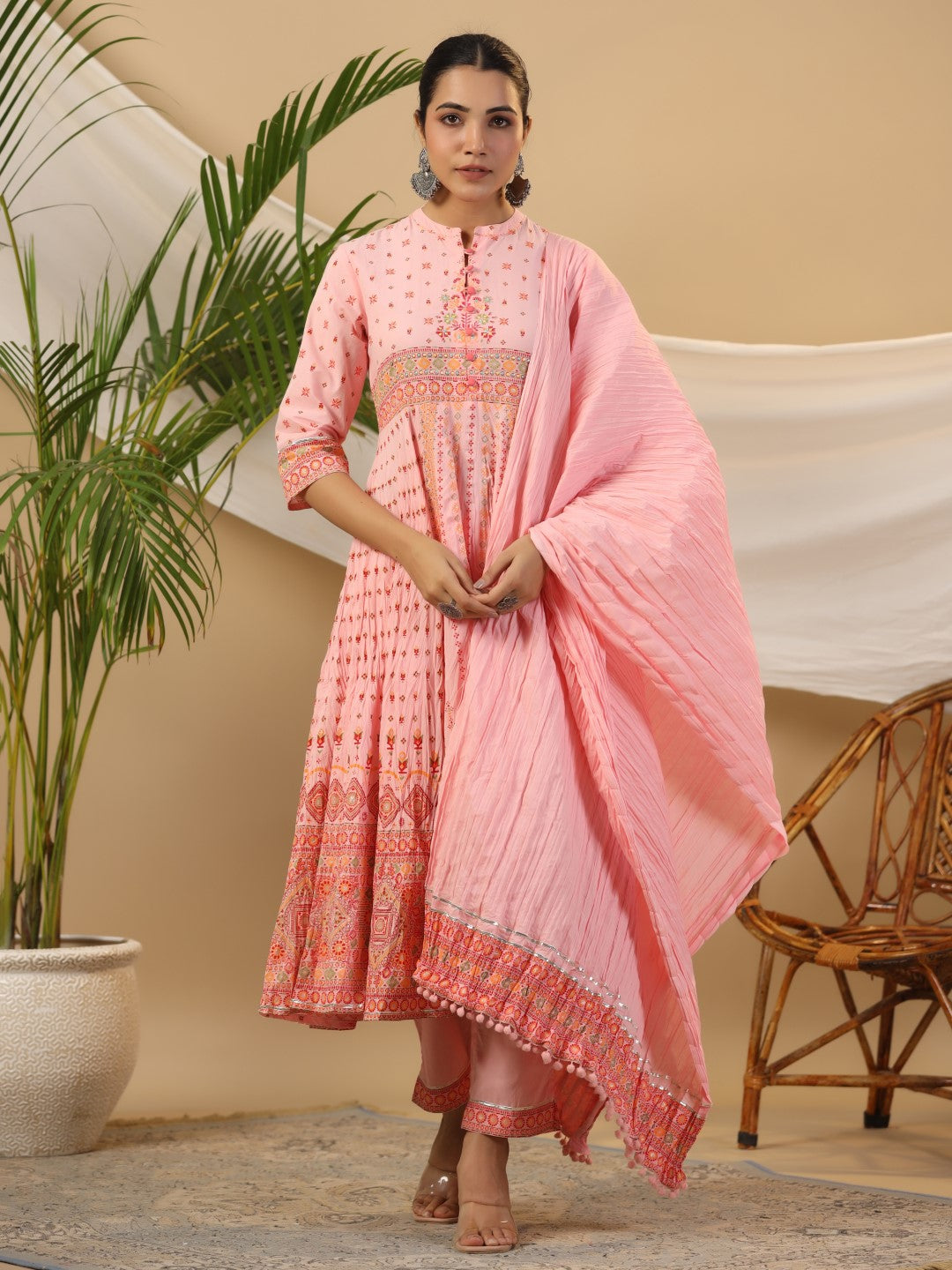 Juniper Women Peach Cotton Cambric Printed Anarkali Kurta Set