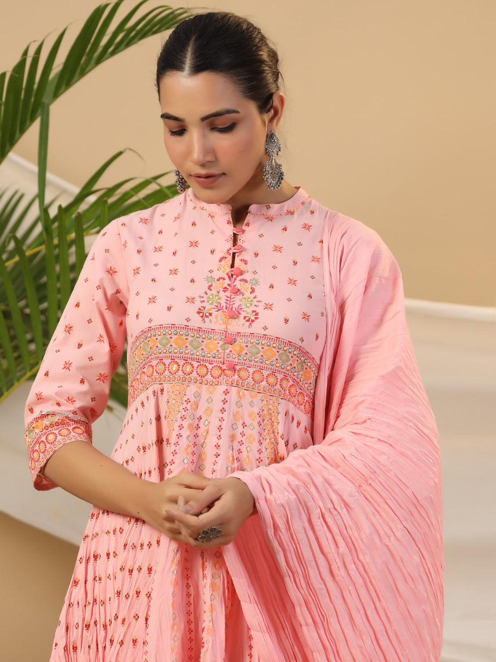 Juniper Women Peach Cotton Cambric Printed Anarkali Kurta Set 6681