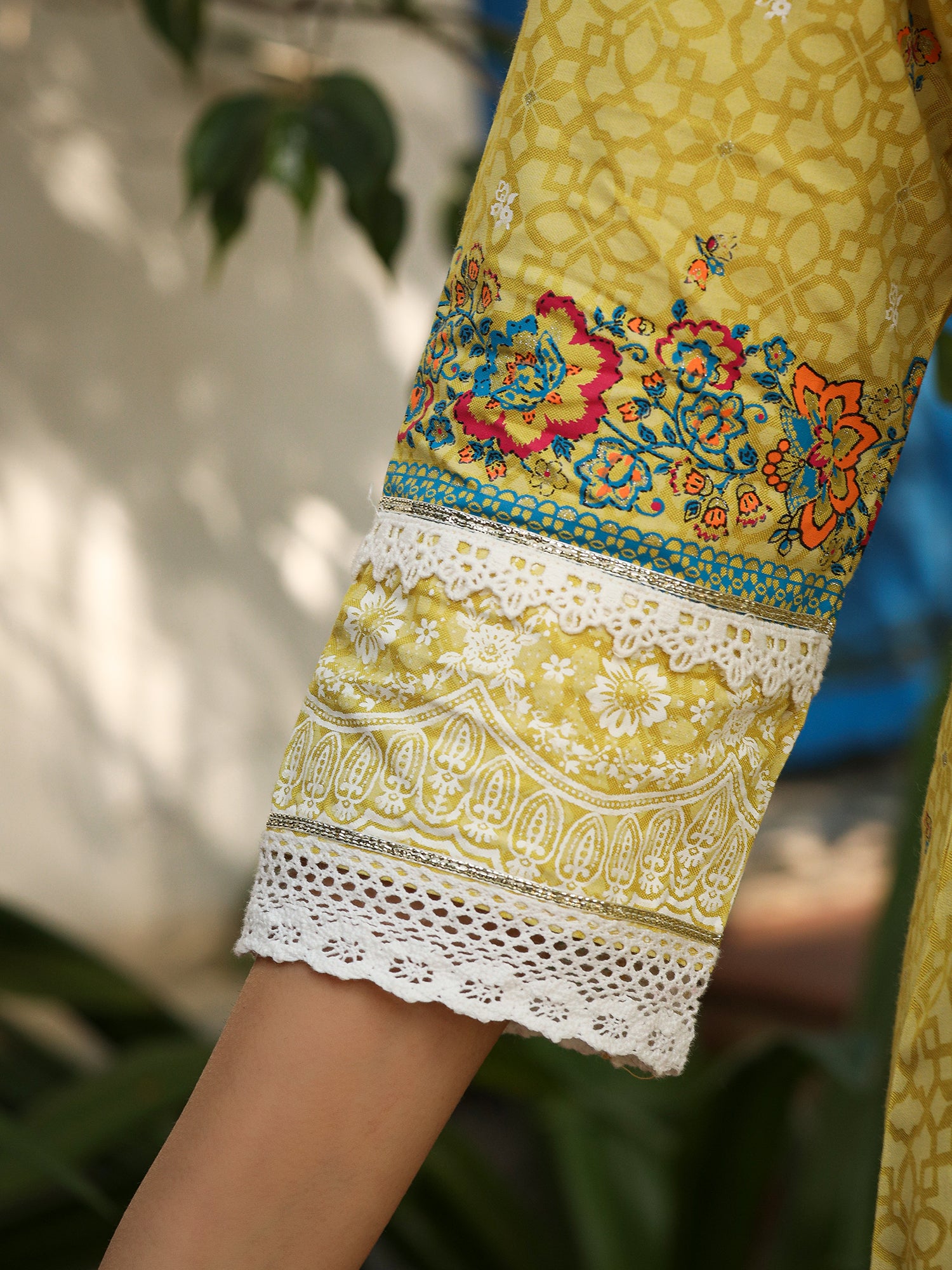 Floral Printed Mustard Cotton Cambric Kurta, Pants & Dupatta Set