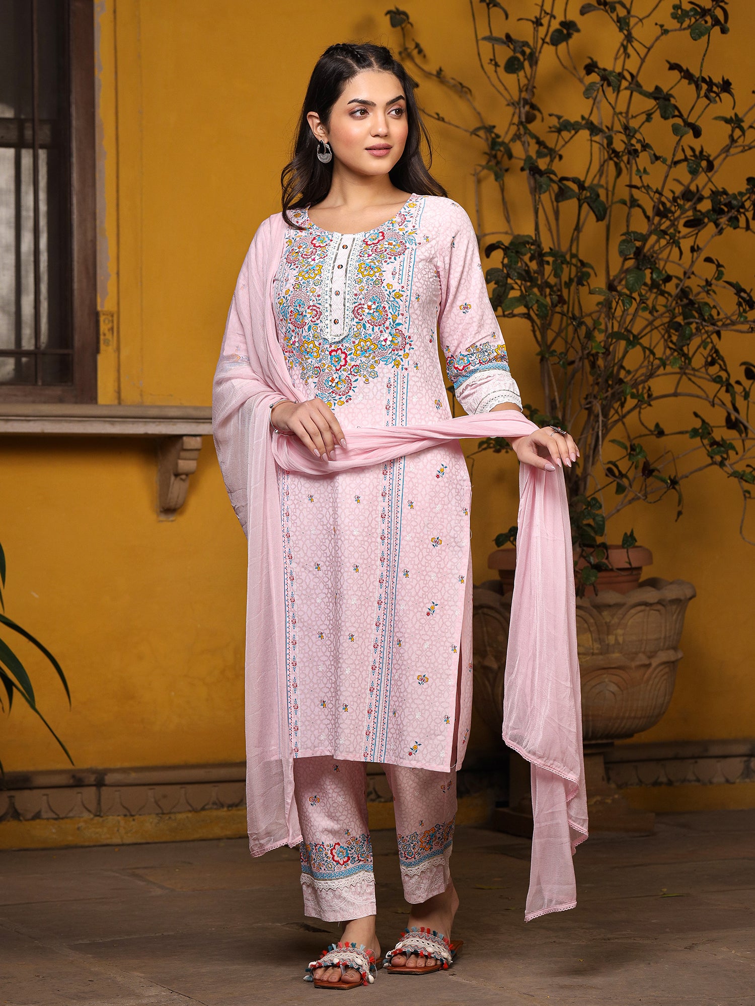 Floral Printed Pink Cotton Cambric Kurta, Pants & Dupatta Set