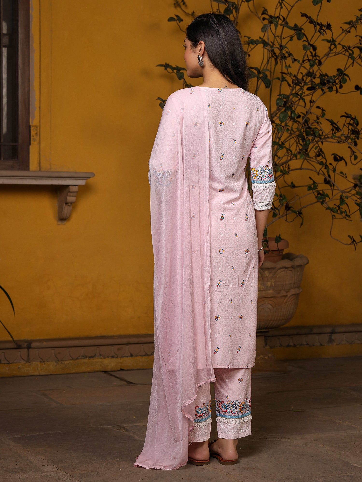 Floral Printed Pink Cotton Cambric Kurta, Pants & Dupatta Set