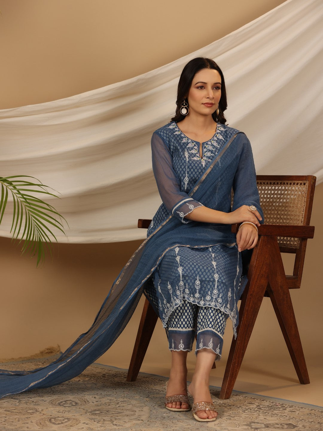 Juniper Blue Cotton & Kota Doria Layered Kurta With Pants And Dupatta Set With Thread Embroidery (3-Pcs)