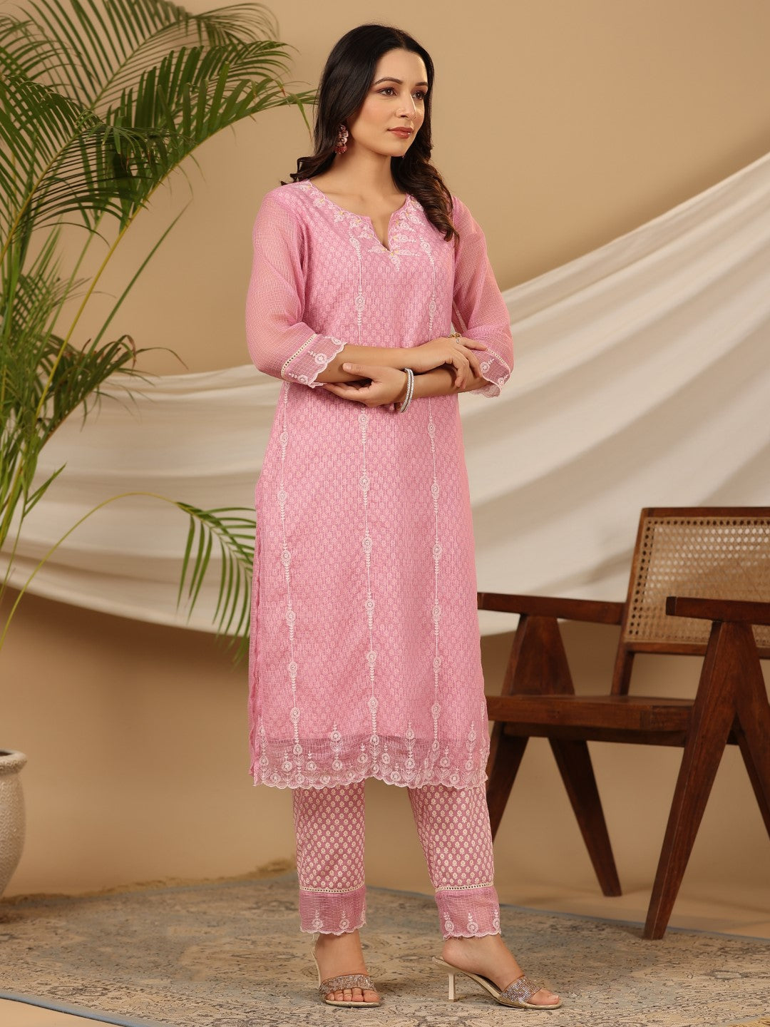 Juniper Women Pink Cotton Cambric Printed with Embroidered Kurta Set