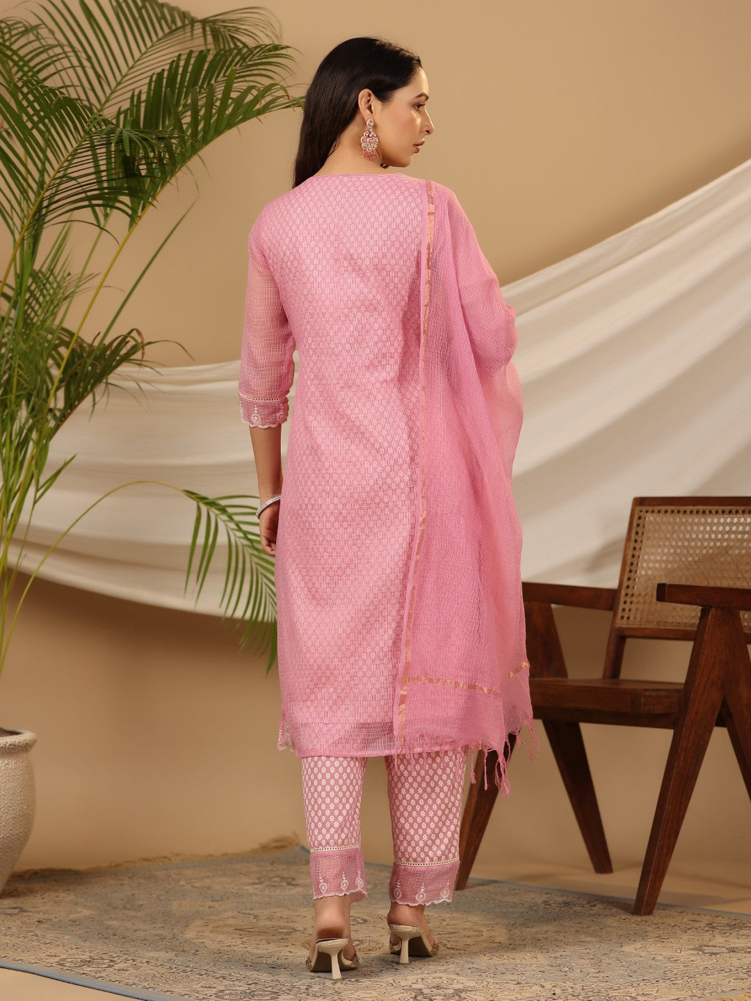 Juniper The Rooh Pink Cotton & Kota Doria Layered Kurta With Pants Set With Thread Embroidery (3-Pcs)