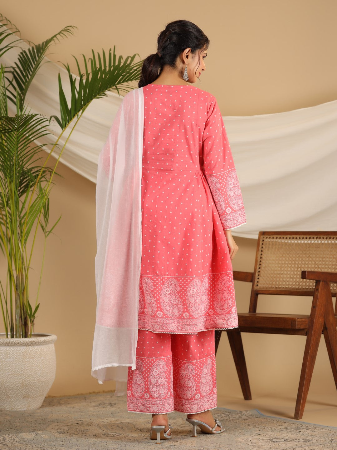 Juniper Pure Cotton Coral Ethnic Motif Printed Kurta With Palazzo Set With Thread Embroidery