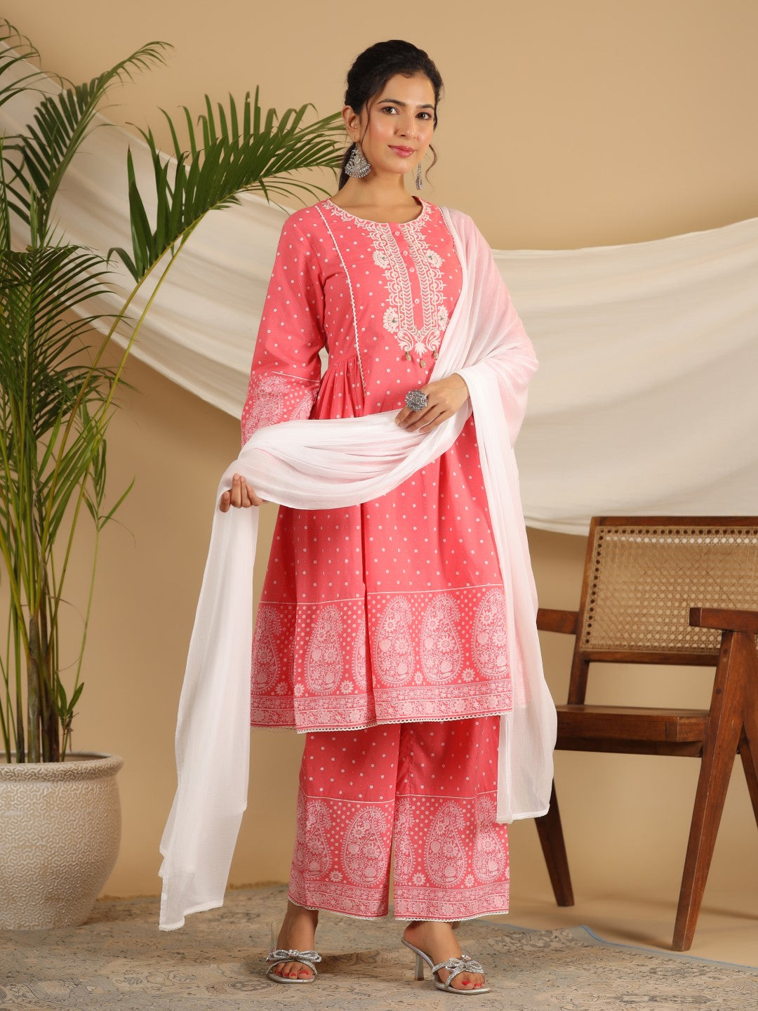 Juniper Pure Cotton Coral Ethnic Motif Printed Kurta With Palazzo Set With Thread Embroidery