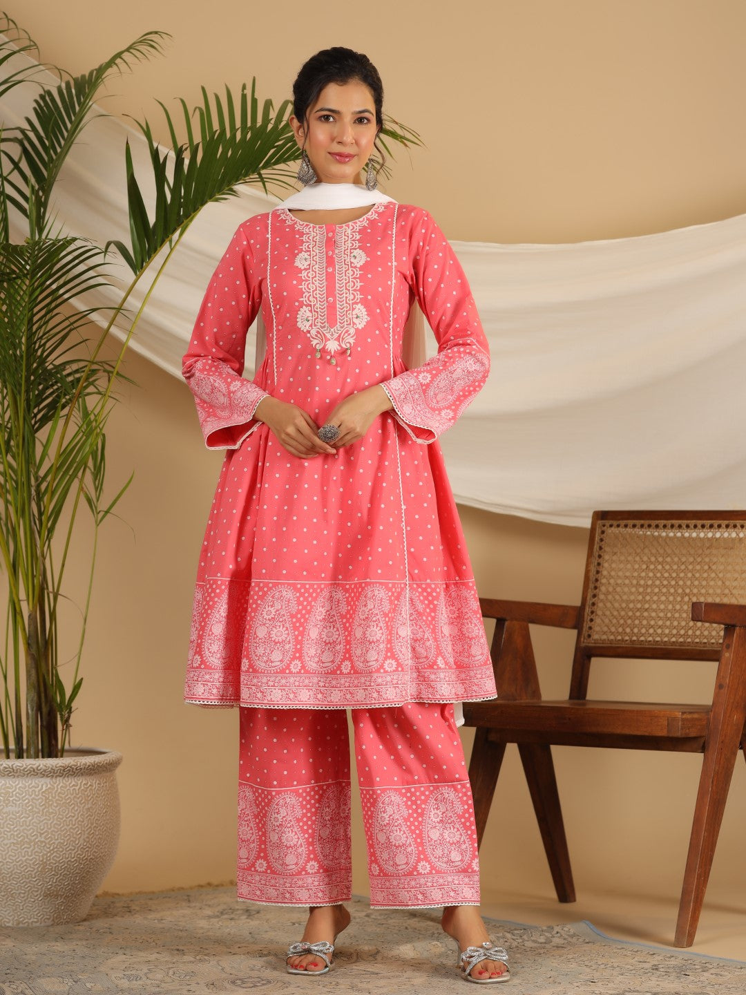 Juniper Pure Cotton Coral Ethnic Motif Printed Kurta With Palazzo Set With Thread Embroidery