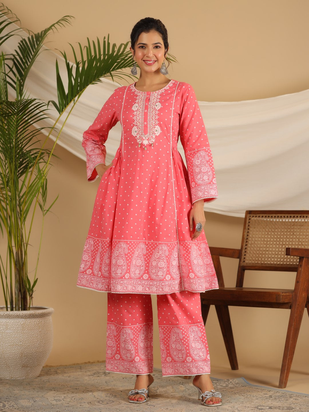 Juniper Pure Cotton Coral Ethnic Motif Printed Kurta With Palazzo Set With Thread Embroidery
