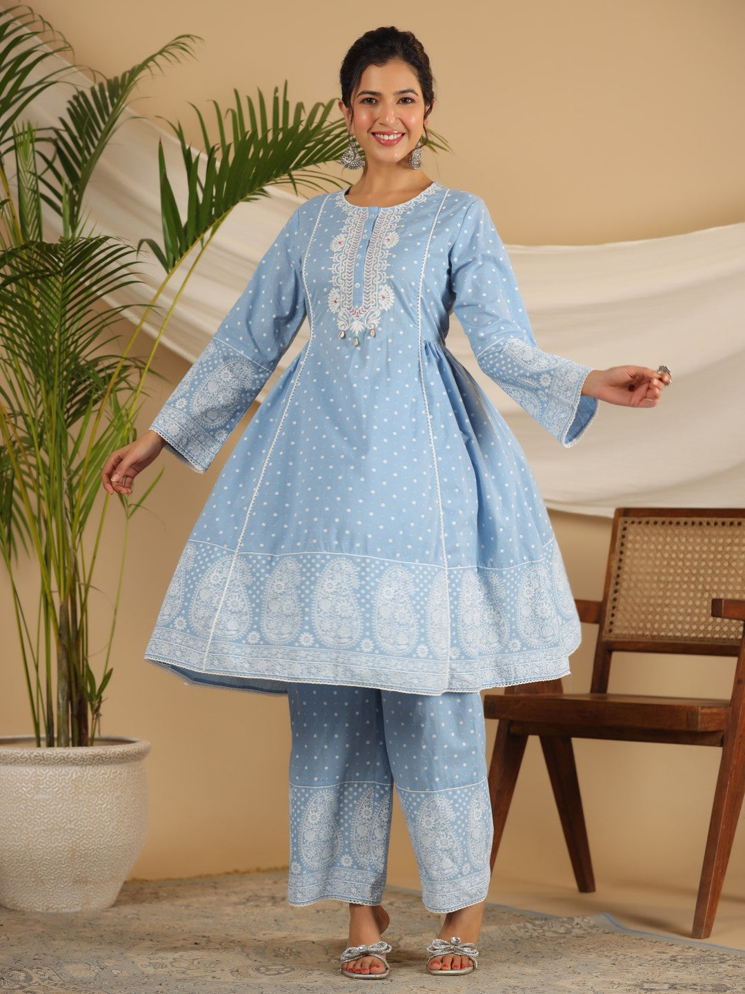 Juniper Women Powder Blue Cotton Cambric Printed Kurta Set