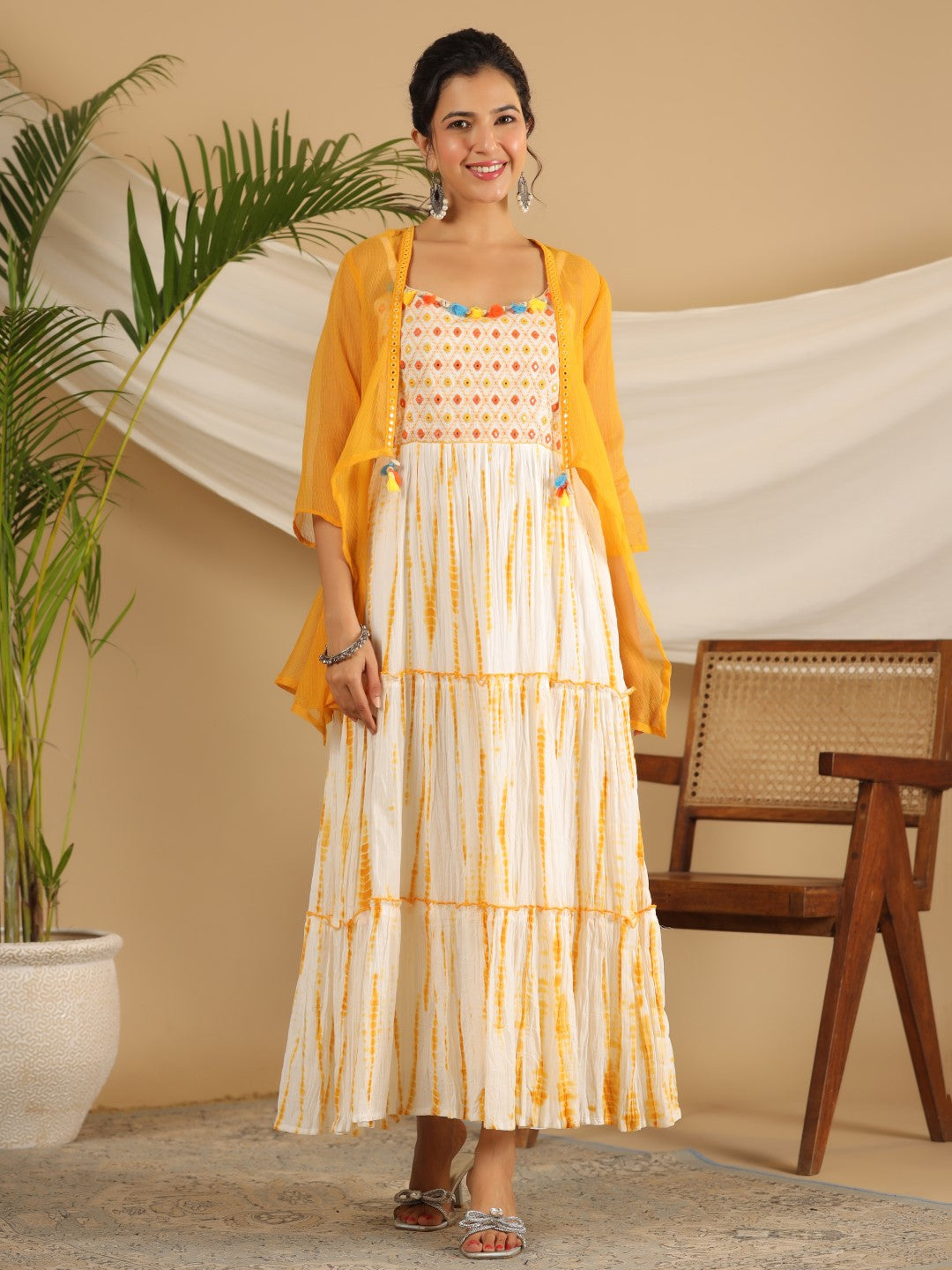 Mustard Tie-Dye Cotton Dress with Mirror Work Embroidery Juniper