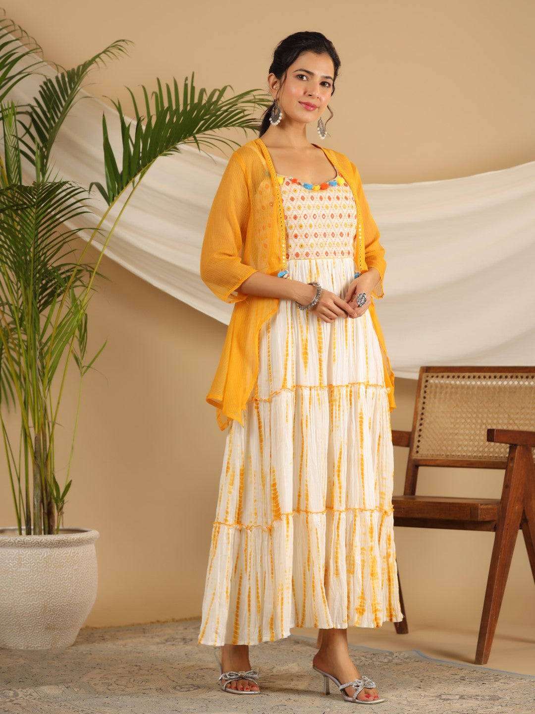 Juniper Women Mustard Cotton Cambric Tye & Dye Tiered Maxi Dress with Kota Doria Shrug