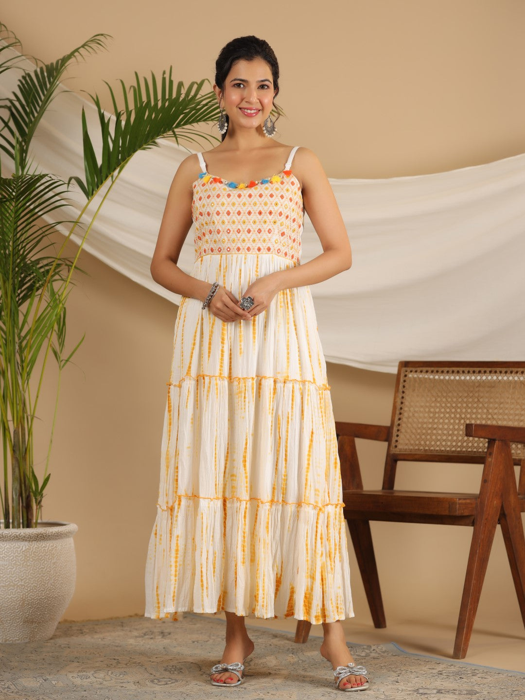 Juniper Mustard Tie-Dye Tiered & Layered Pure Cotton Dress With Mirror Work Embroidery