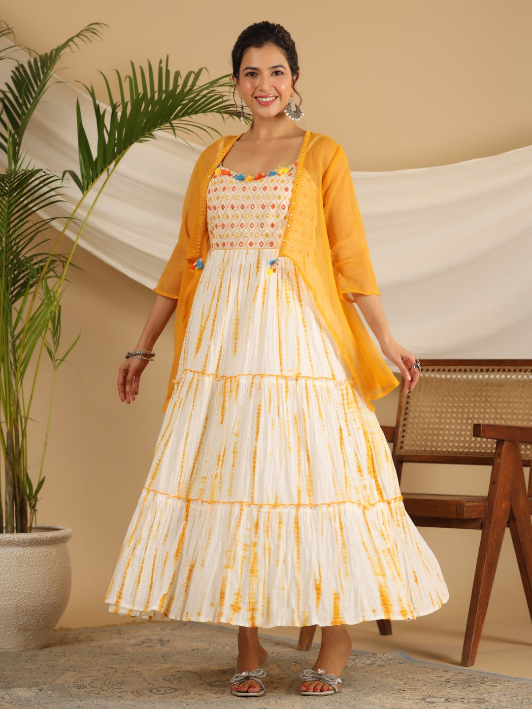 Juniper Women Mustard Cotton Cambric Tye & Dye Tiered Maxi Dress with Kota Doria Shrug