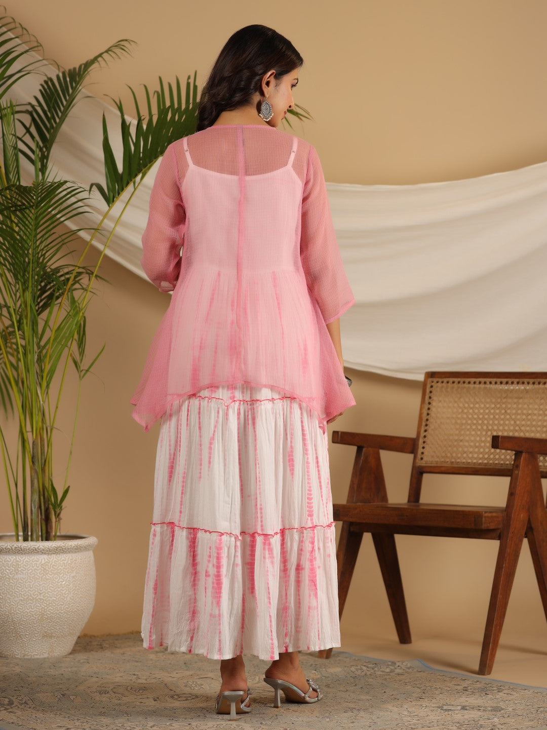 Juniper Pink Geometric Printed Pure Cotton Dress & Kota Doria Dupatta Within Mirror Work.