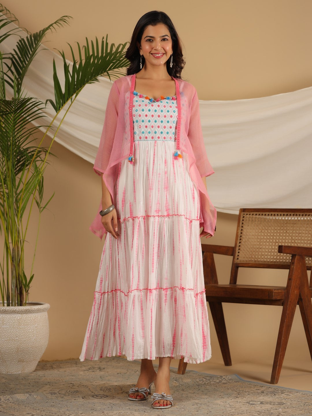 Juniper Women Pink Cotton Cambric Tye & Dye Tiered Maxi Dress with Kota Doria Shrug