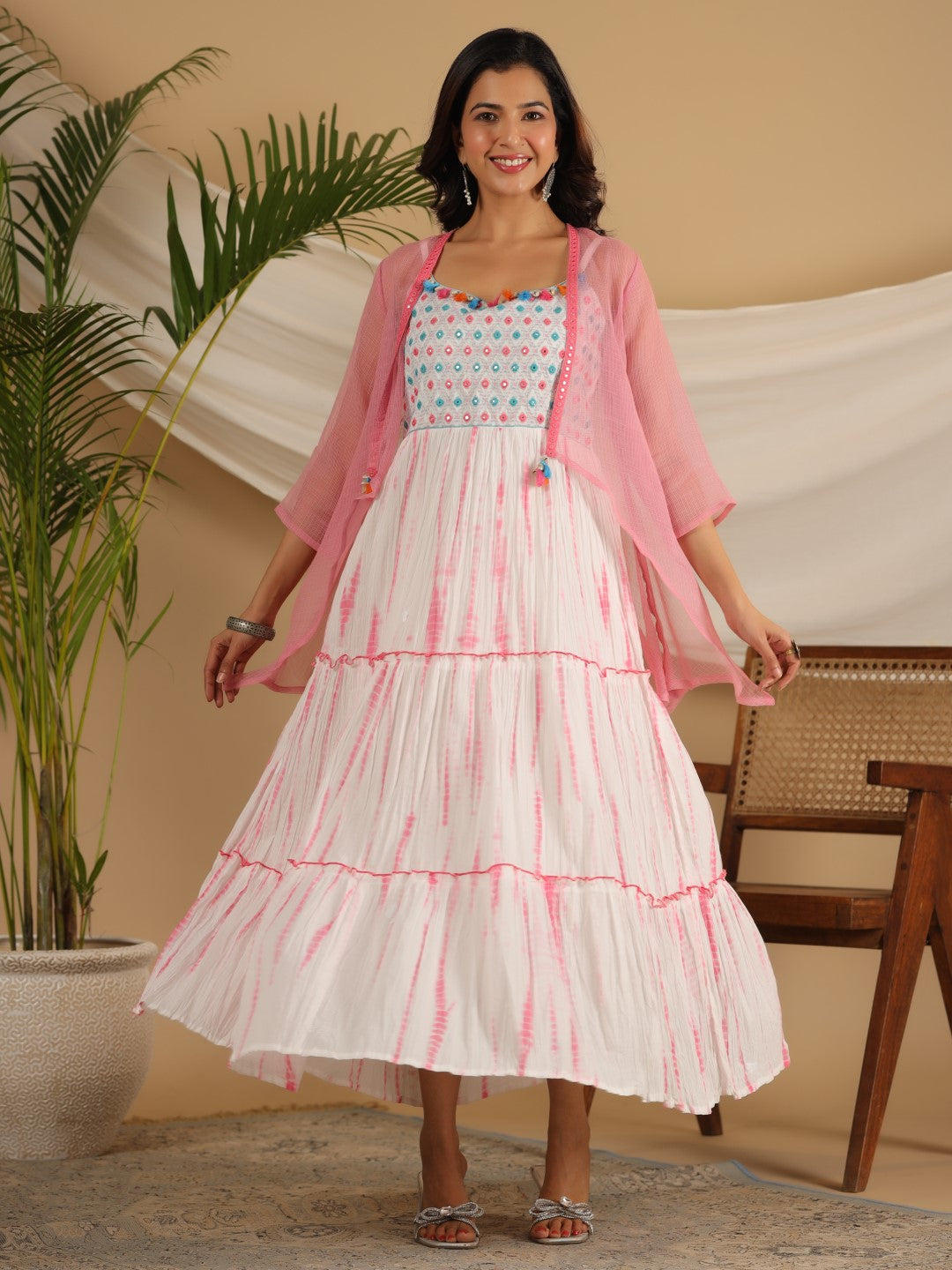 Juniper Women Pink Cotton Cambric Tye & Dye Tiered Maxi Dress with Kota Doria Shrug