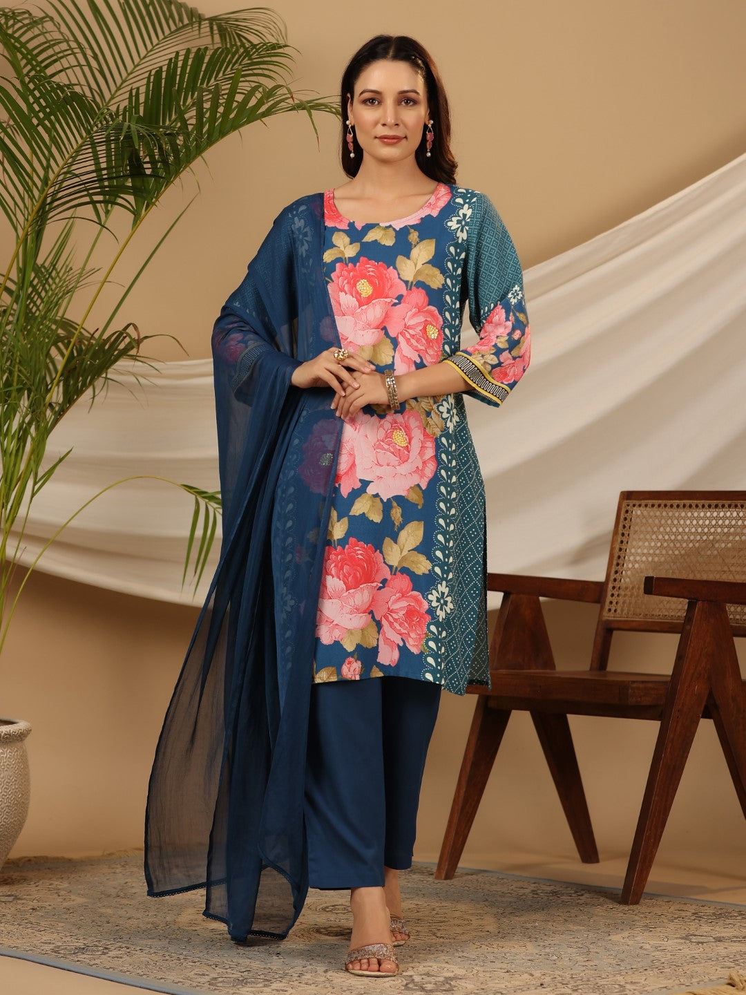 Juniper Blue Floral Printed Rayon Kurta Pants & Dupatta Set With Sequins Work