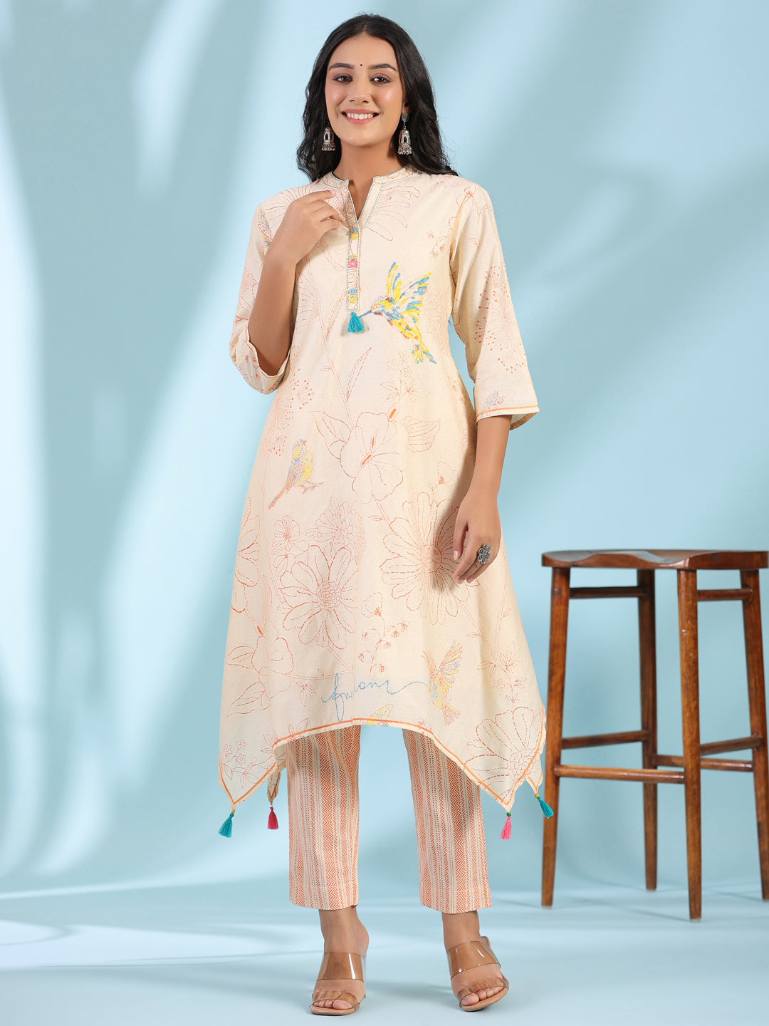 Juniper Naylon Dobby Peach Floral Printed Lacy Kurta With Pants With Contrast 3D Handwork