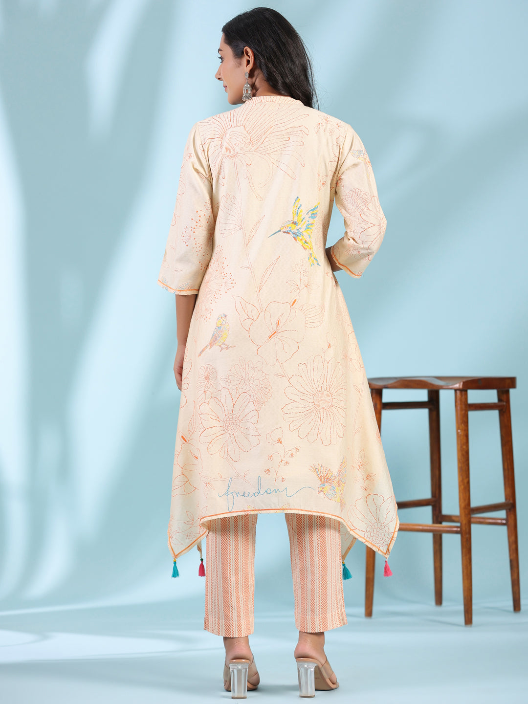 Peach Nylon Dobby & Flex Printed Asymmetric Kurta & Pants Set