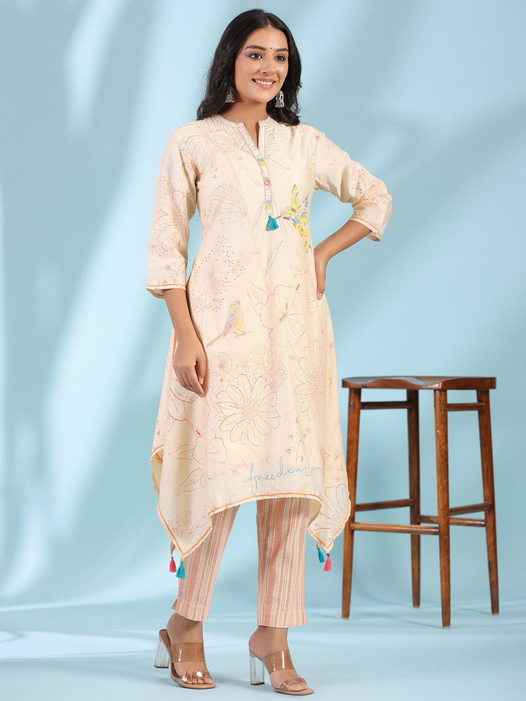 Peach Nylon Dobby & Flex Printed Asymmetric Kurta & Pants Set