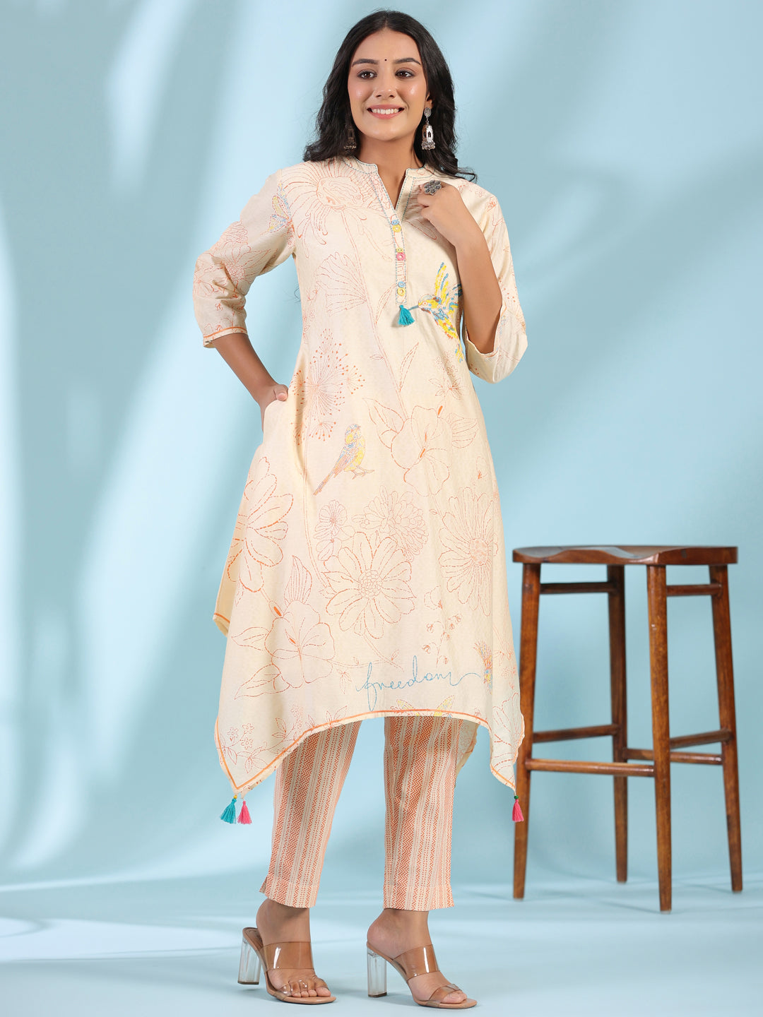 Peach Nylon Dobby & Flex Printed Asymmetric Kurta & Pants Set