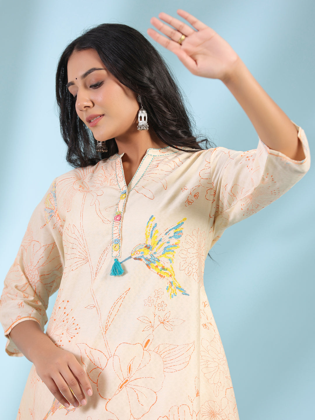 Peach Nylon Dobby & Flex Printed Asymmetric Kurta & Pants Set