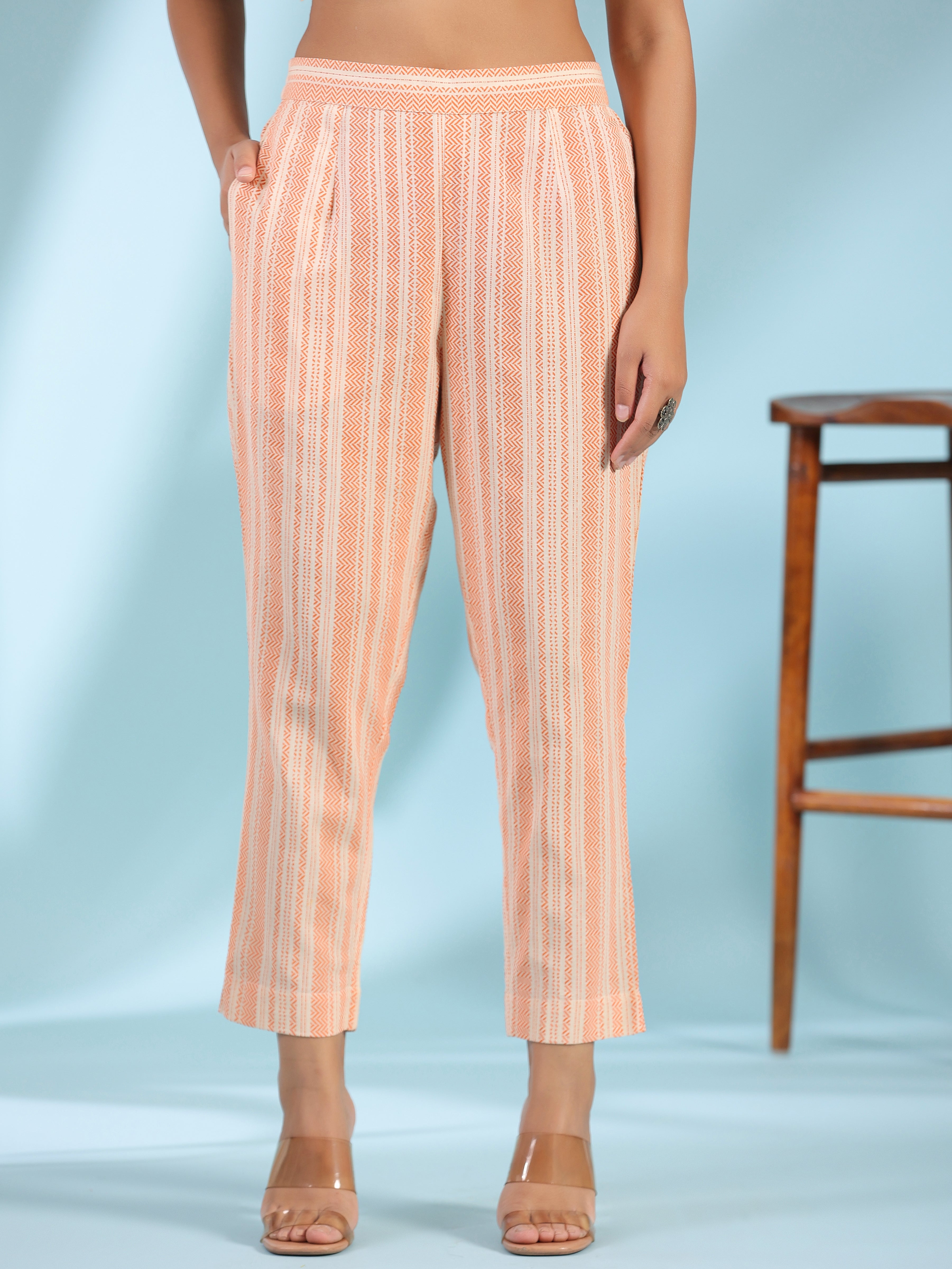 Juniper Women Peach Nylon Dobby & Flex Printed Asymmetric Kurta & Pants Set