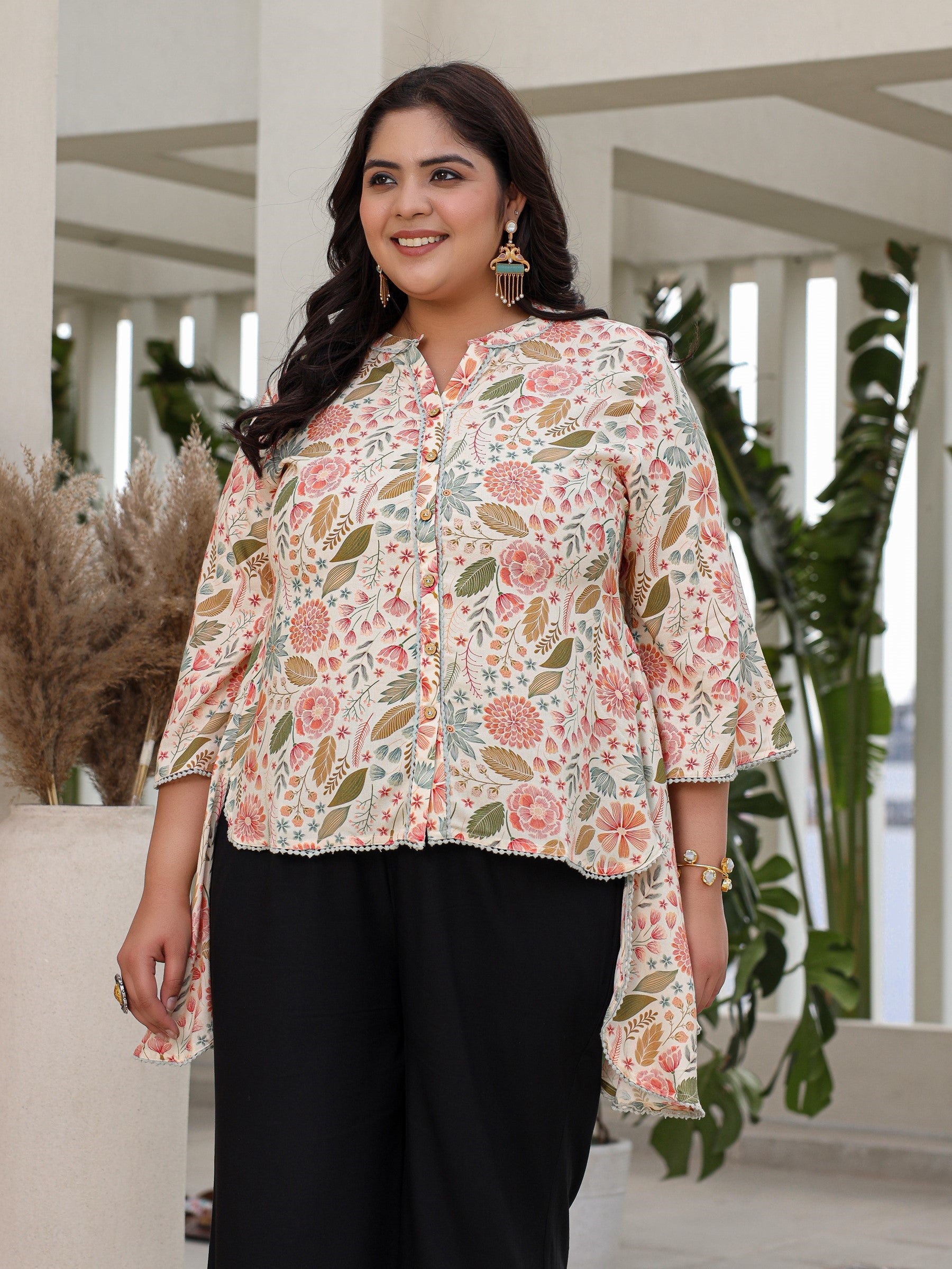 Buy Juniper Ivory Floral Printed Rayon High-Low Plus Size Tunic With Lace  Online in India