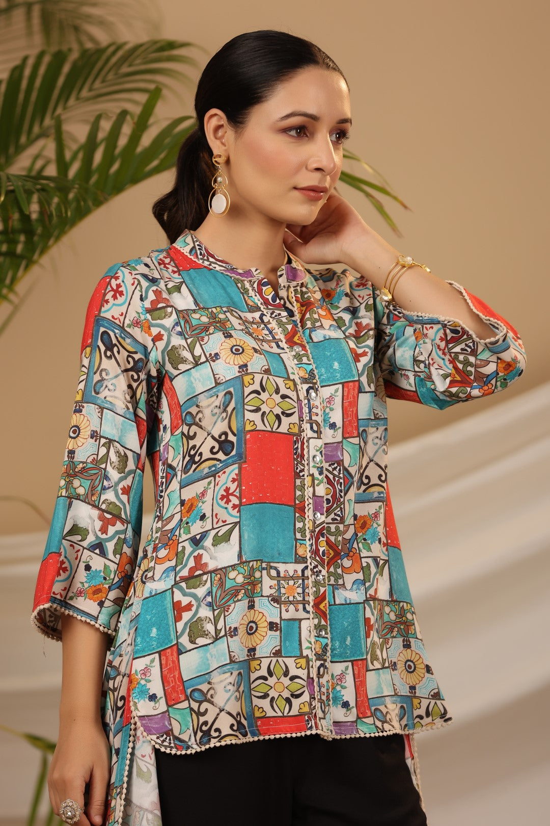 Juniper Blue Rayon Ethnic Motif Printed High-Lacy Mandarin Collar Women Tunic