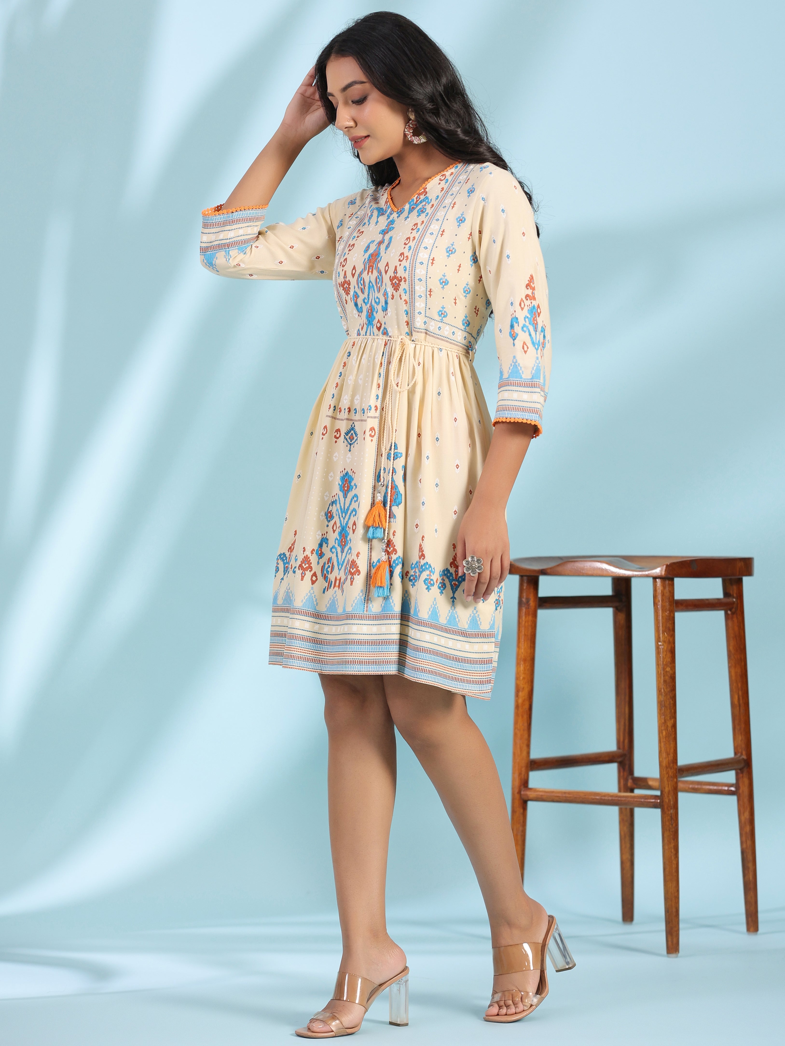 Juniper Off-White Rayon Ikat Printed Fit & Flare Lacy Short Dress With Dori Tie-Up At Waist