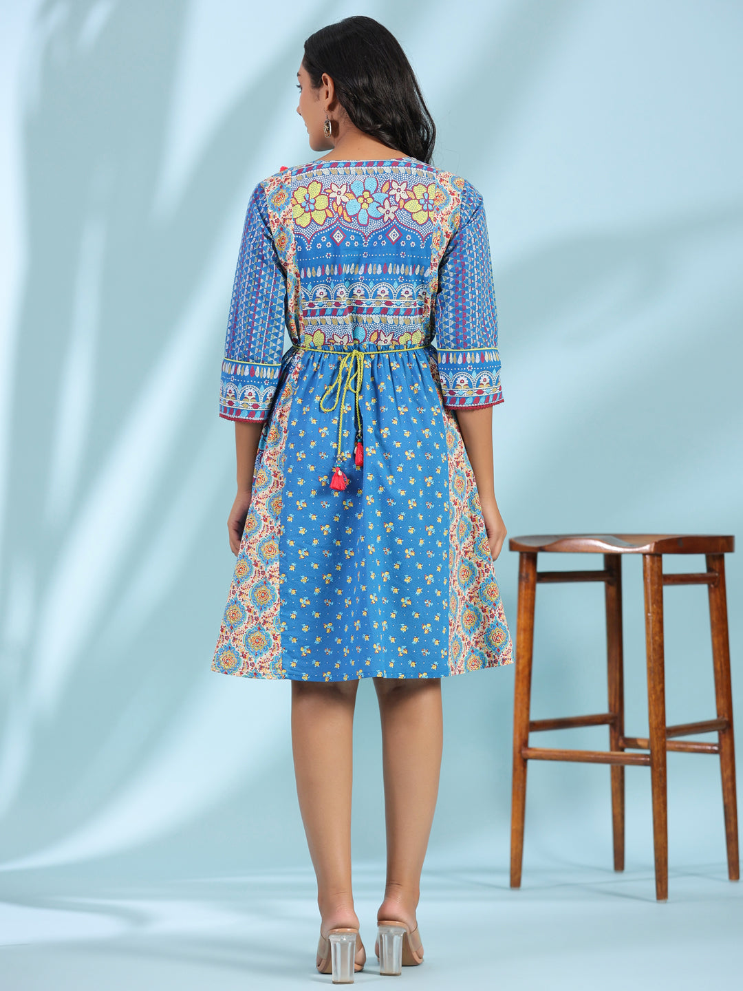Blue Cotton Cambric Floral Printed Short Dress