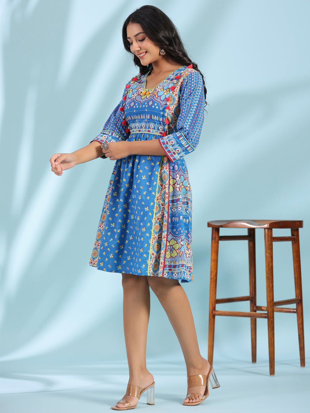 Blue Cotton Cambric Floral Printed Short Dress