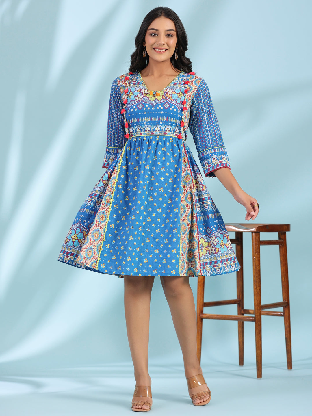 Juniper Blue Floral Printed Pure Cotton Dress With Beads & sequins Work