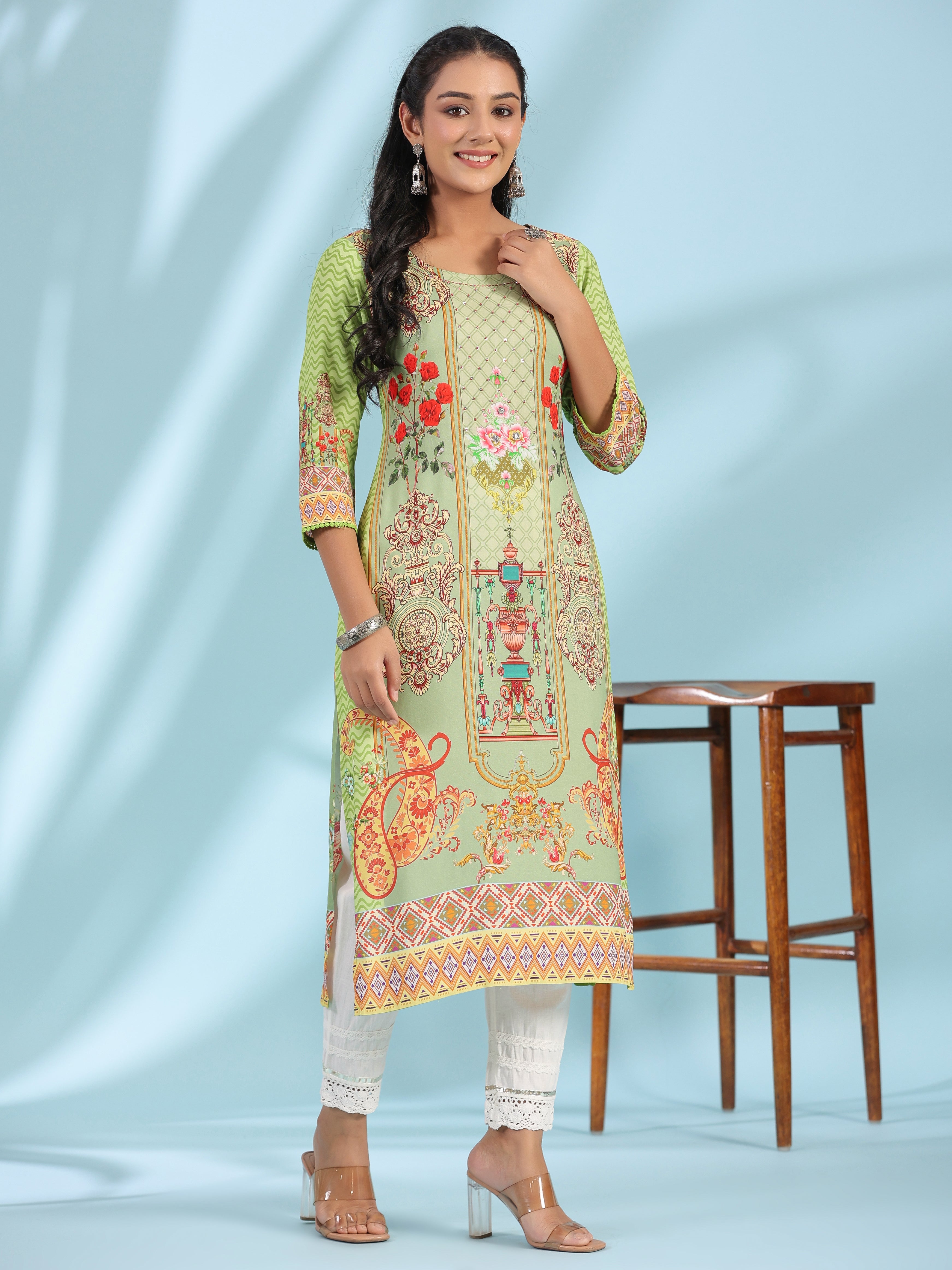 Juniper Green Rayon Floral Printed Round Neck Straight Kurta With Beadwork