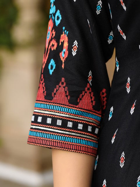 Juniper The Crafted Geometrics Ikat Printed Rayon Kurta With Beads & Sequins