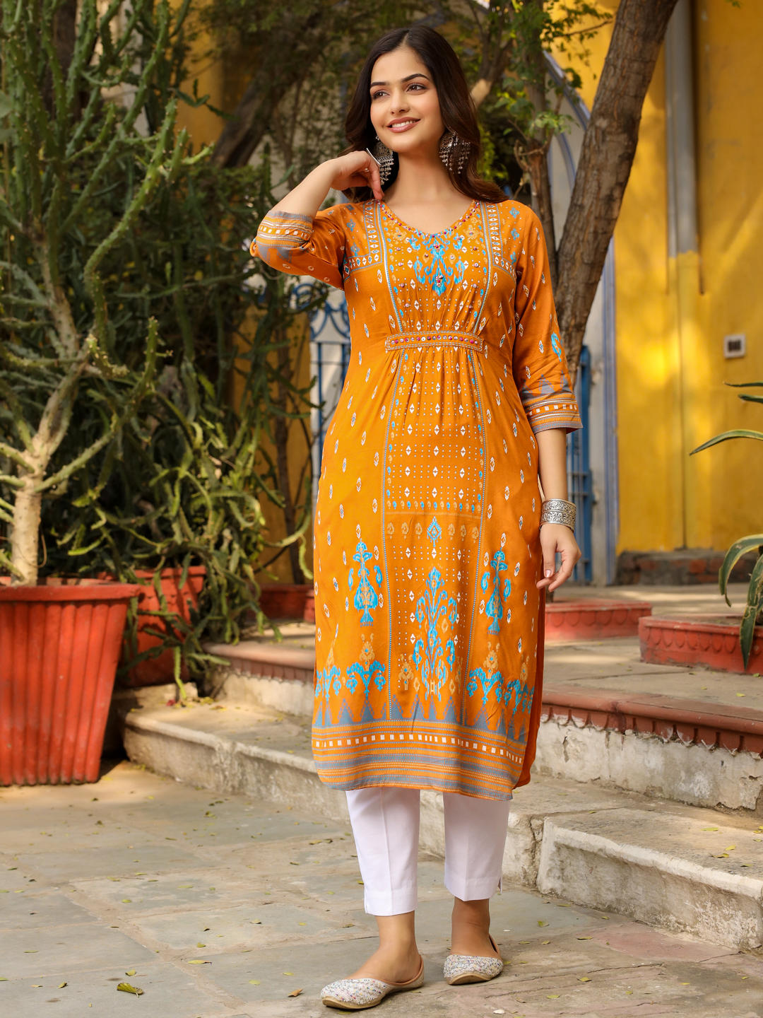 Juniper Mustard Ikat Printed Rayon Kurta With Gathers At Front Beads & Sequence Work