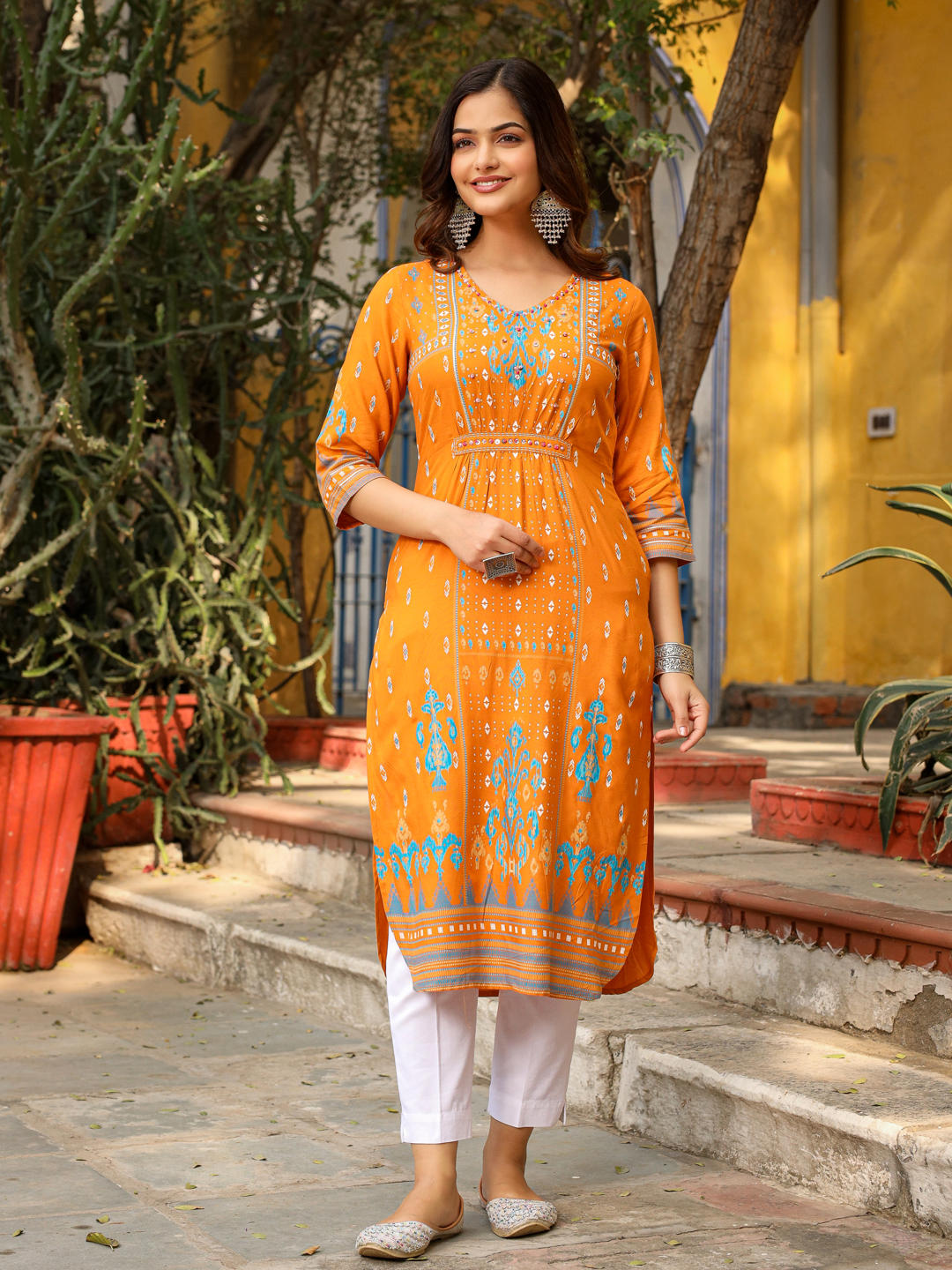 Juniper Mustard Ikat Printed Rayon Kurta With Gathers At Front Beads & Sequence Work
